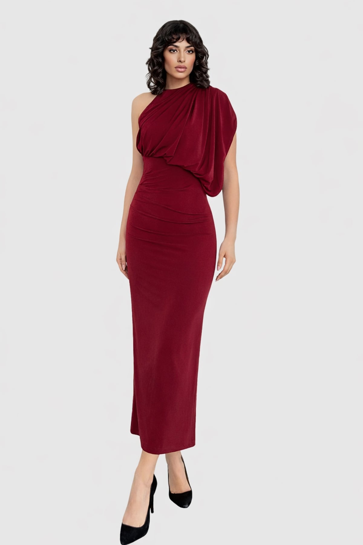 Kadın Bordo Tek Omuz Drape Detaylı Maxi Boy Elbise Alc-X14962