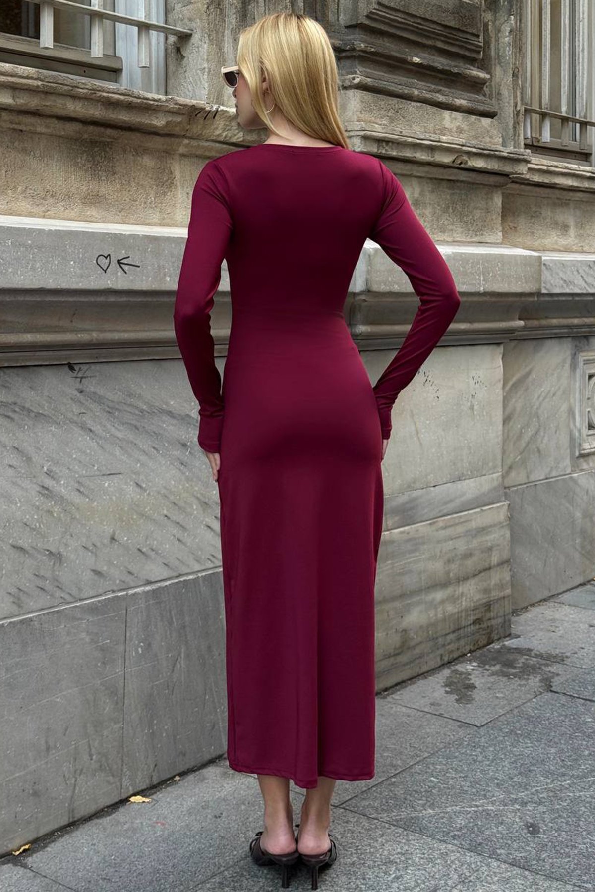 Kadın BORDO Uzun Kollu Bisiklet Yaka Dar Kesim Elbise VS01537
