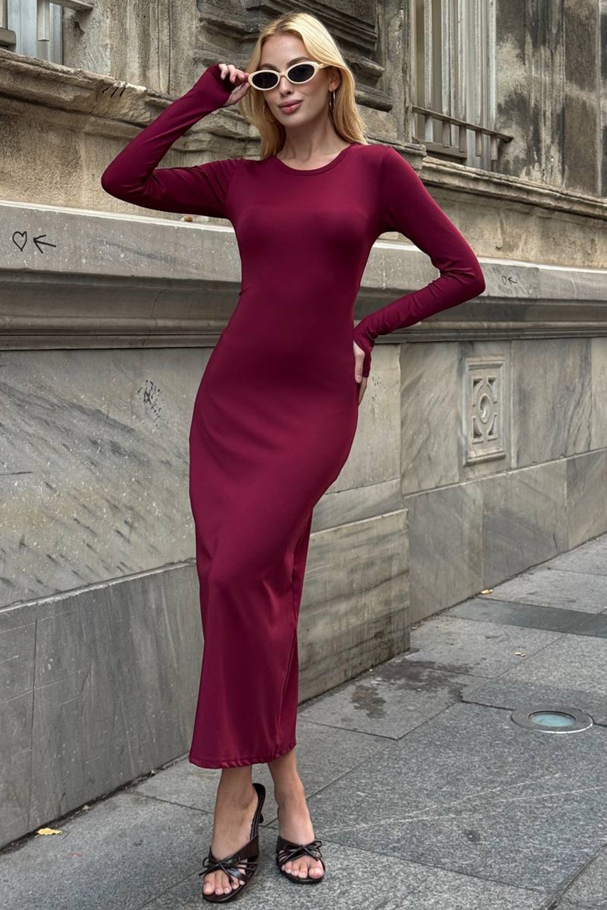 Kadın BORDO Uzun Kollu Bisiklet Yaka Dar Kesim Elbise VS01537