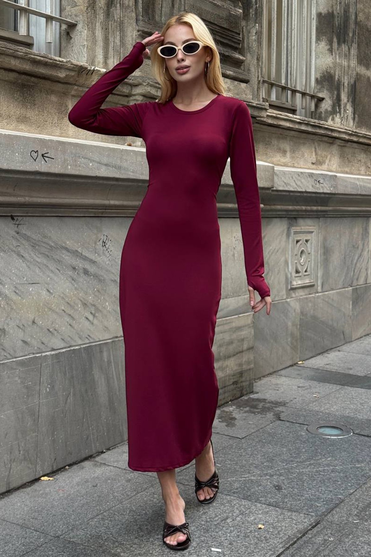 Kadın BORDO Uzun Kollu Bisiklet Yaka Dar Kesim Elbise VS01537