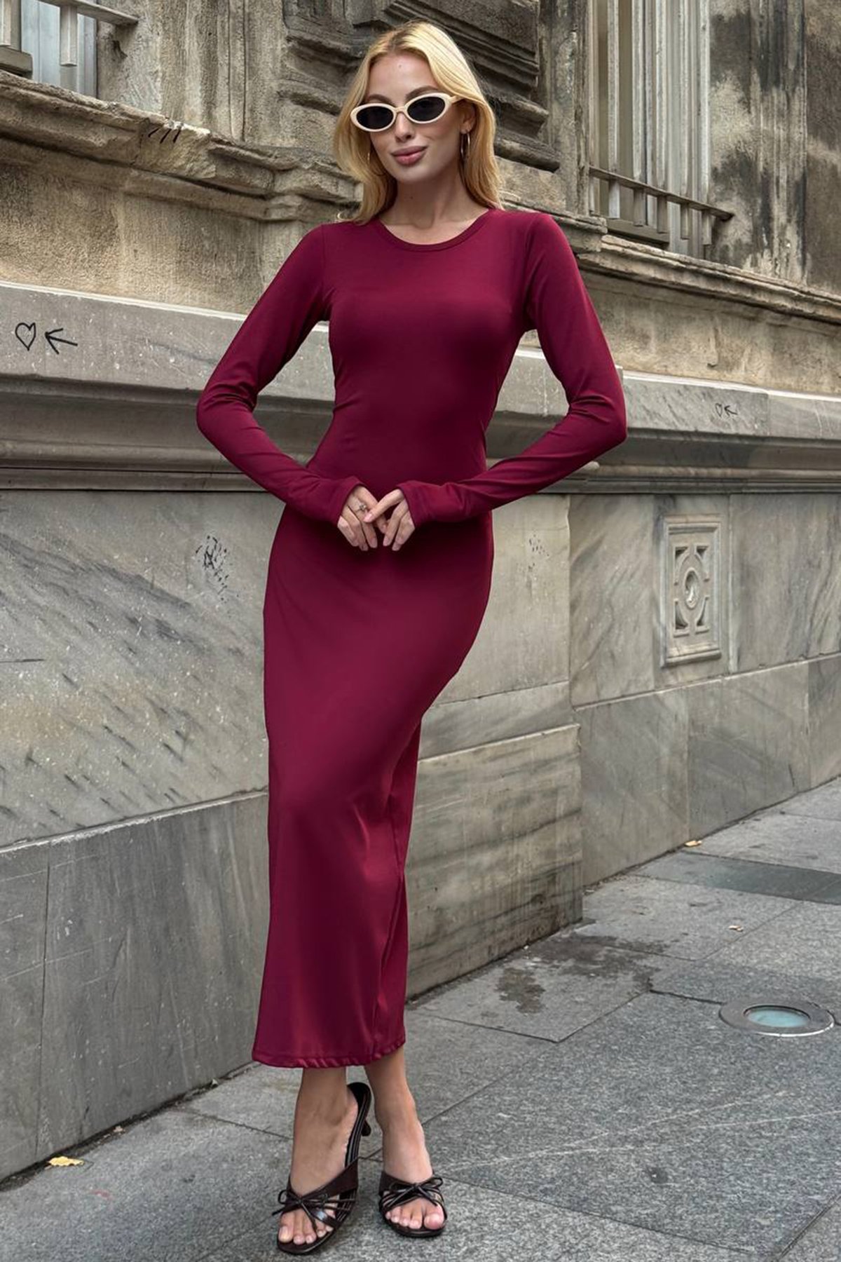 Kadın BORDO Uzun Kollu Bisiklet Yaka Dar Kesim Elbise VS01537
