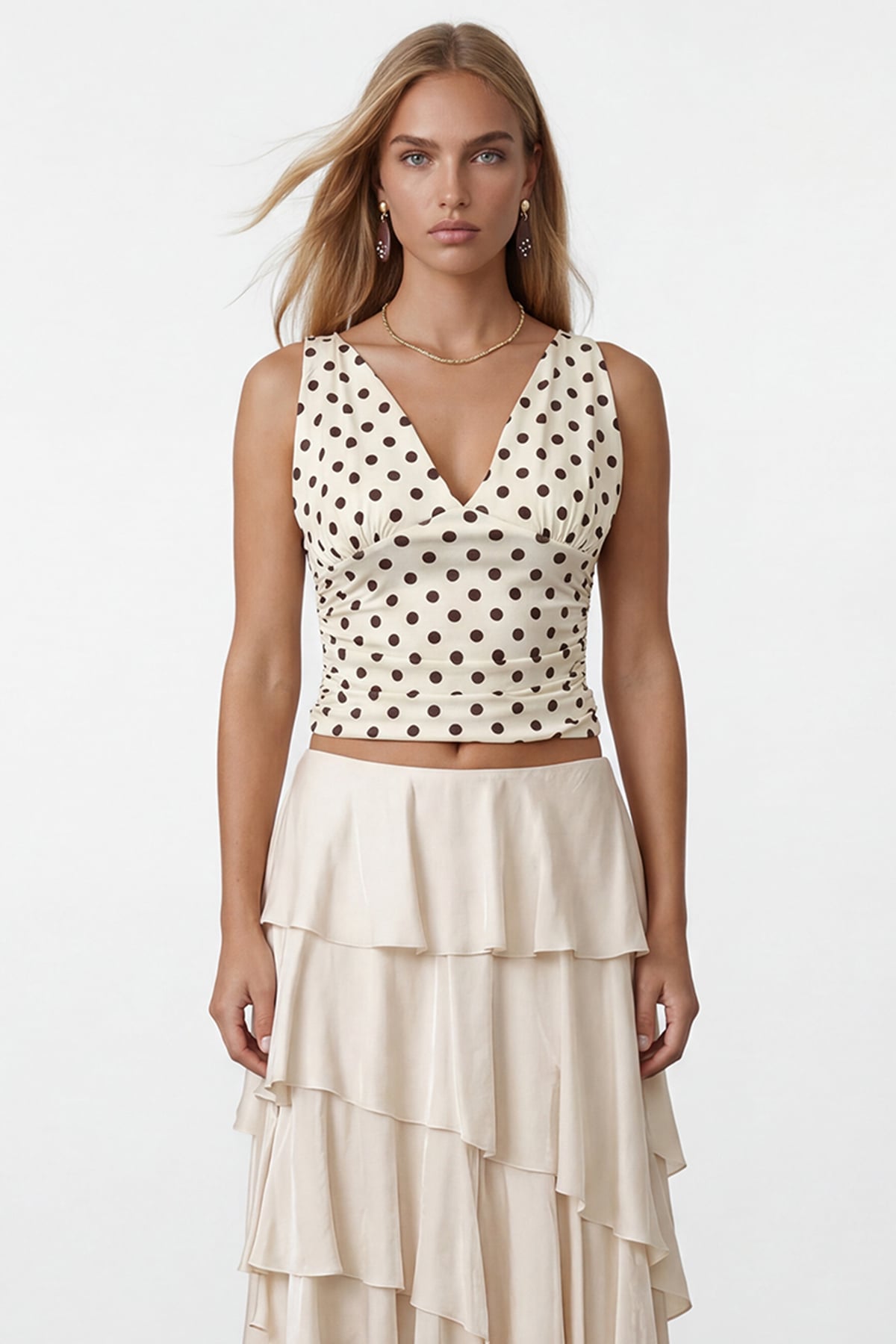 Kadın Ekru Askılı Drape Detaylı Puantiyeli Crop Bluz Alc-X15484