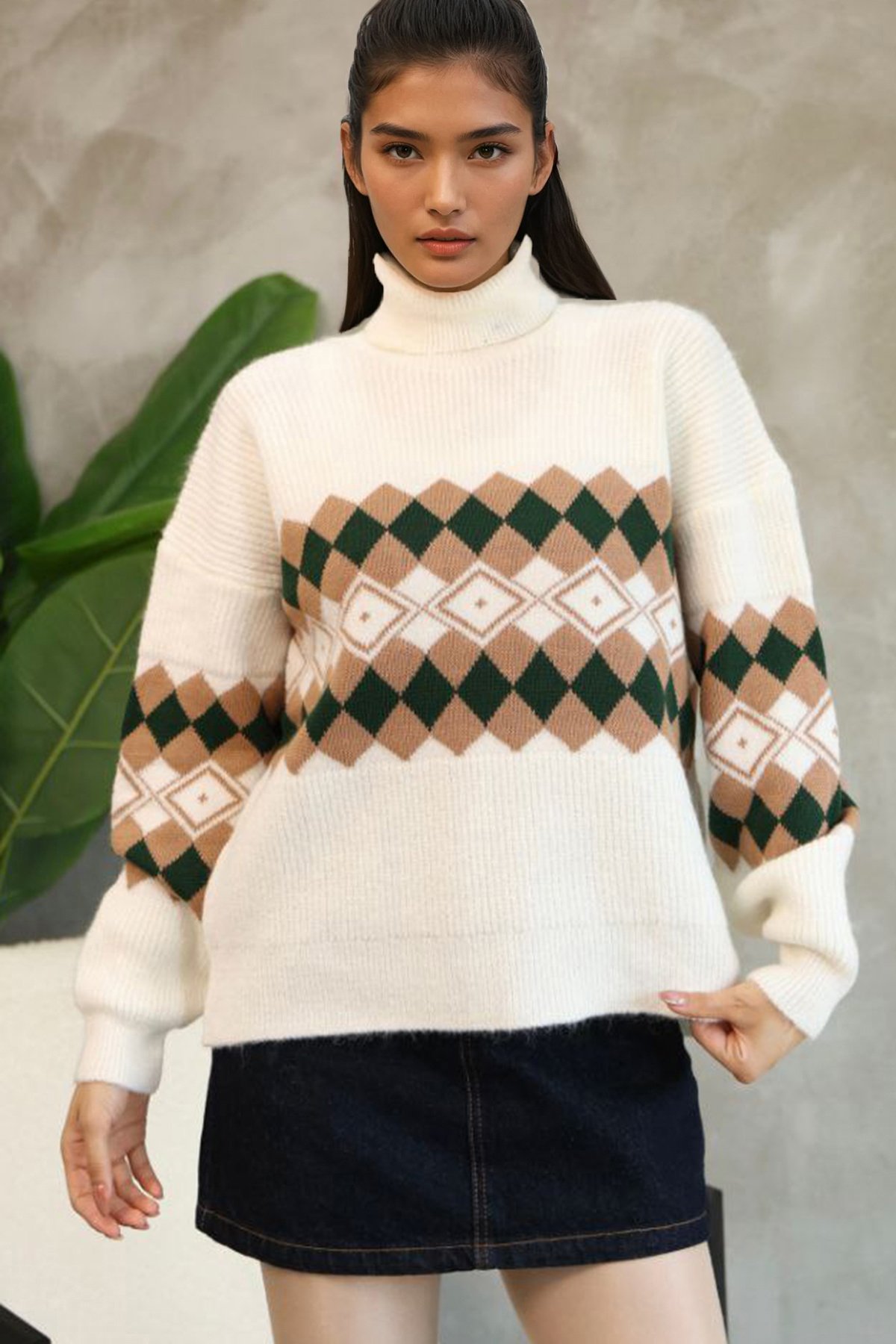 Kadın Ekru Balıkçı Yaka Baklava Desenli Triko Kazak Alc-X14739