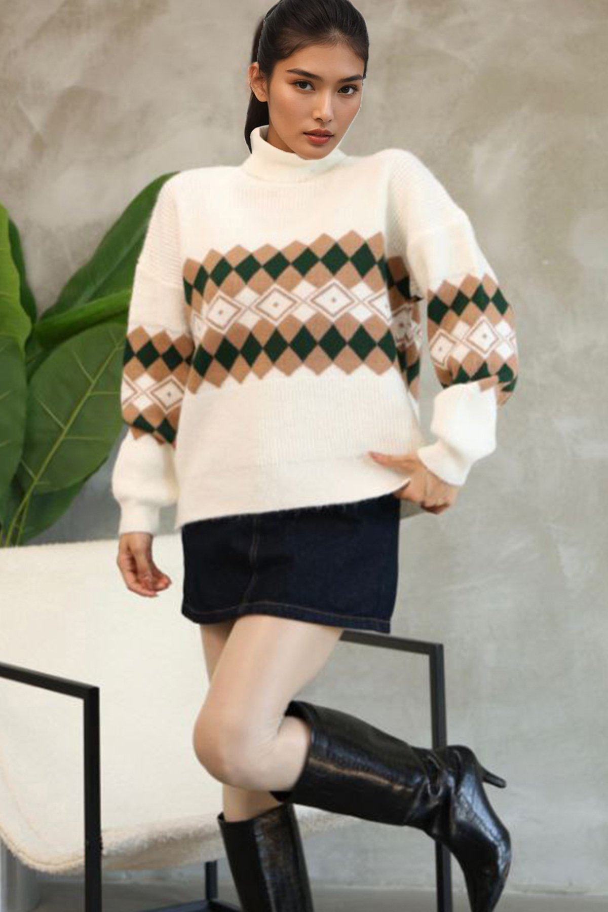 Kadın Ekru Balıkçı Yaka Baklava Desenli Triko Kazak Alc-X14739