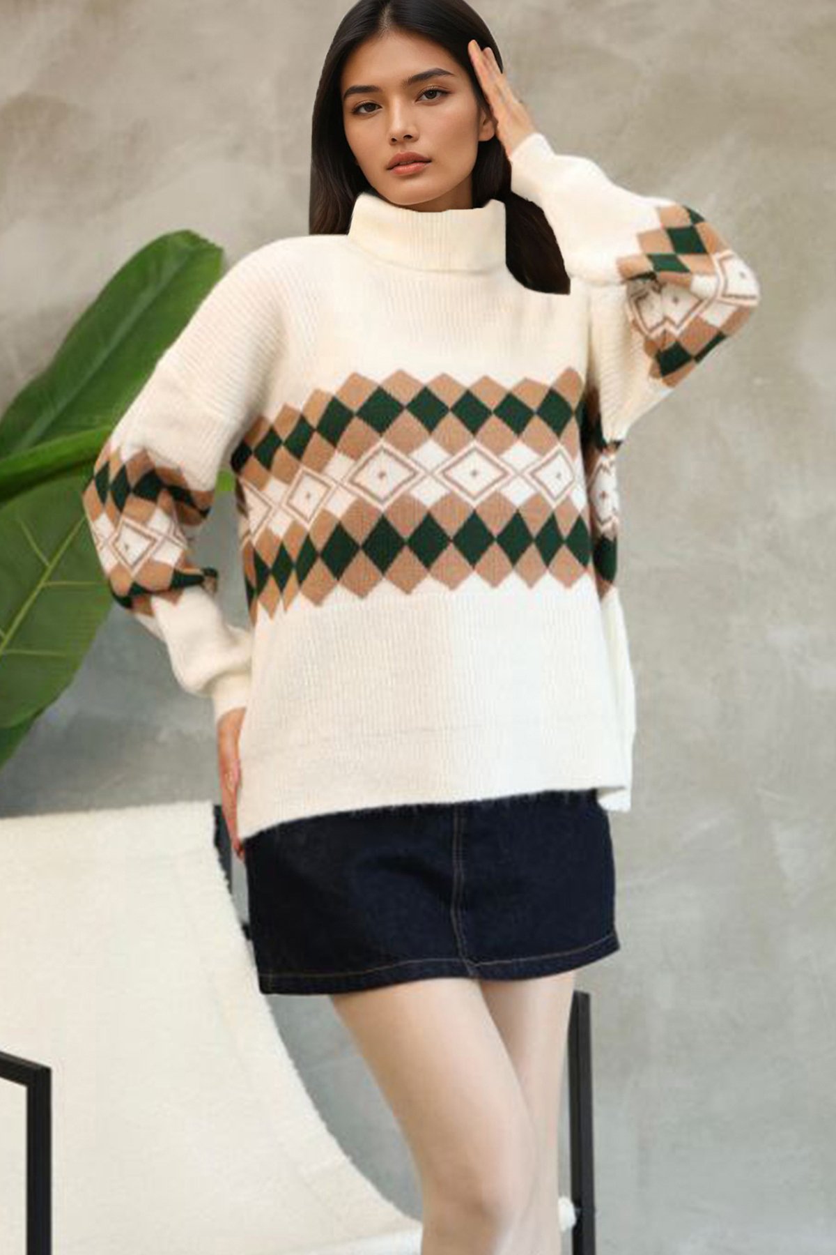 Kadın Ekru Balıkçı Yaka Baklava Desenli Triko Kazak Alc-X14739