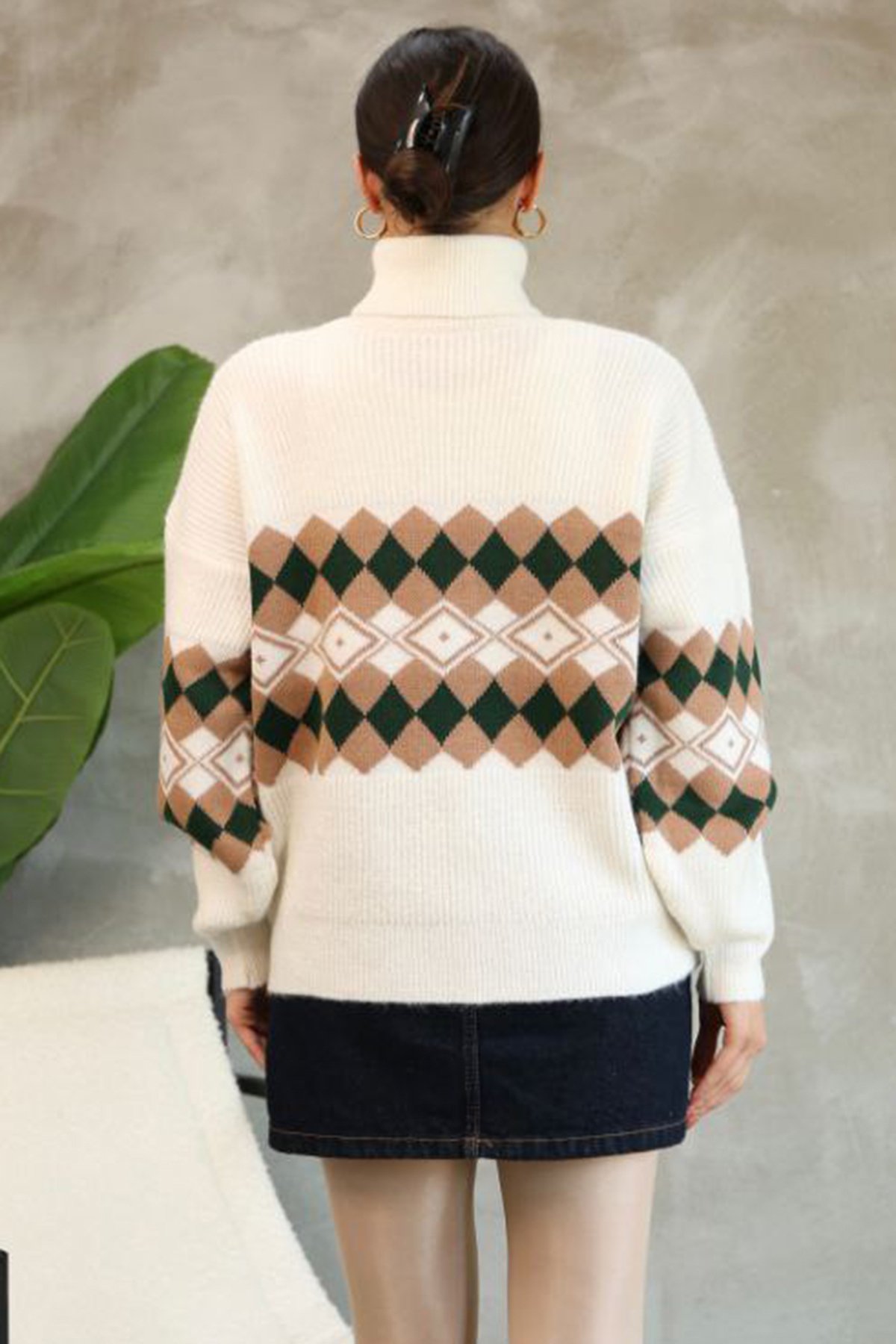 Kadın Ekru Balıkçı Yaka Baklava Desenli Triko Kazak Alc-X14739