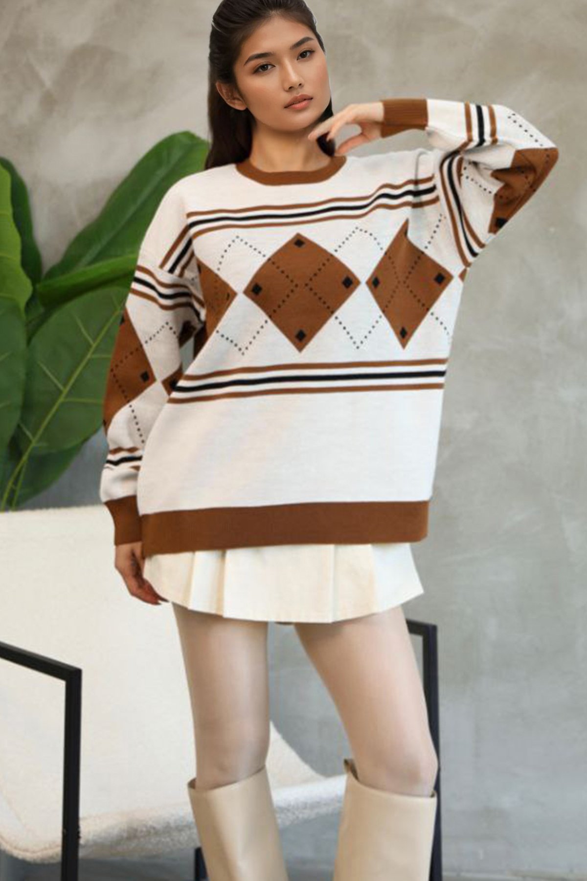 Kadın Ekru Bisiklet Yaka Baklava Desenli Triko Kazak Alc-X14742