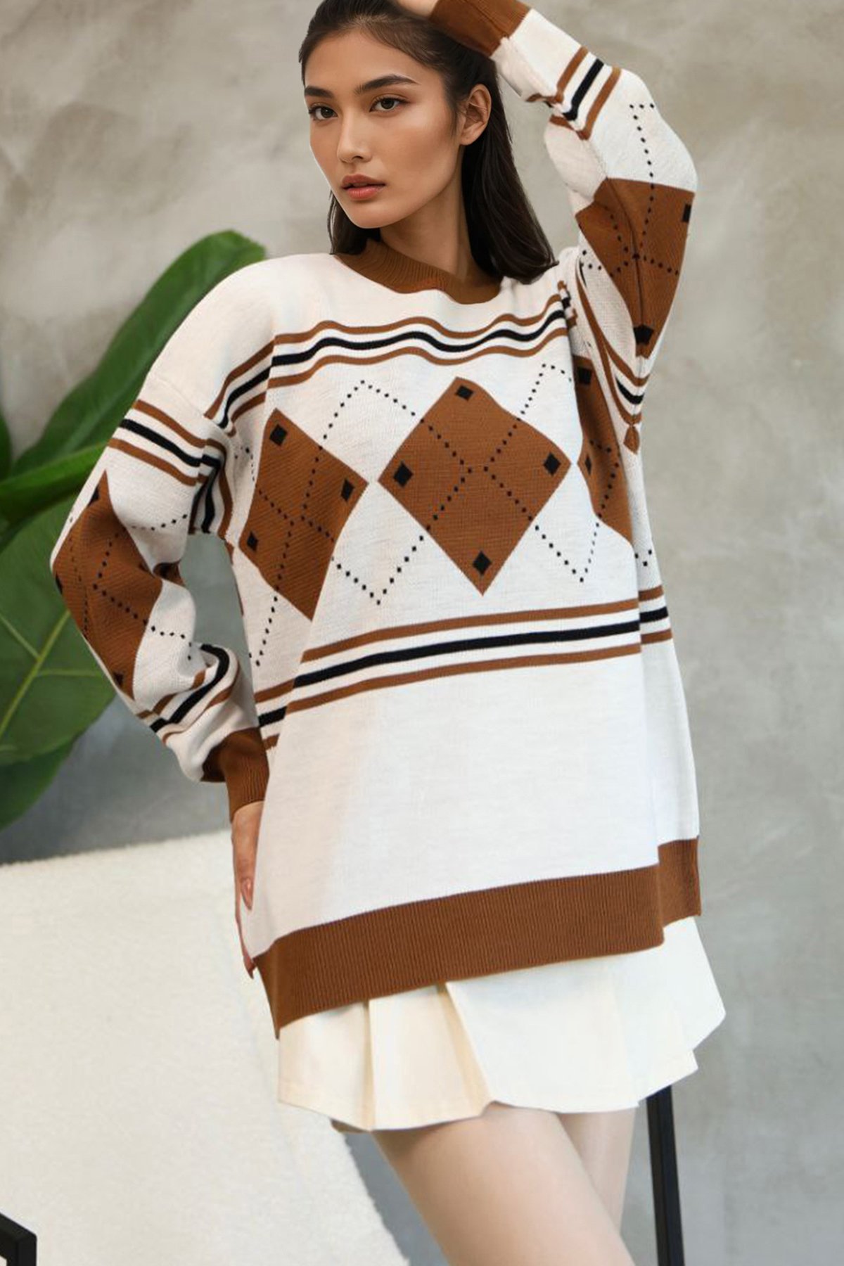 Kadın Ekru Bisiklet Yaka Baklava Desenli Triko Kazak Alc-X14742