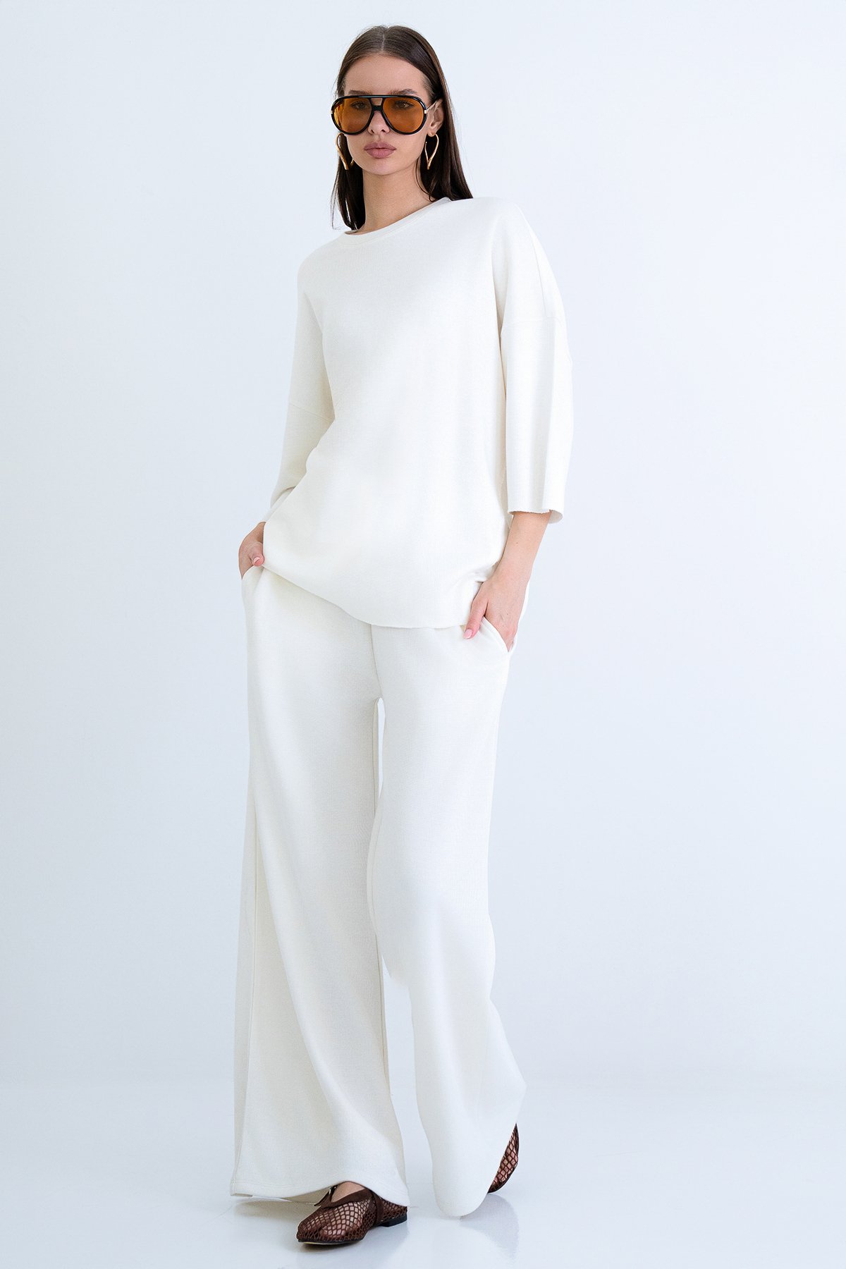 Kadın EKRU BİSİKLET YAKA TRUVAKAR KOL MODAL BLUZ VE ÇİFT CEPLİ PANTOLON TAKIM ALC-X15234