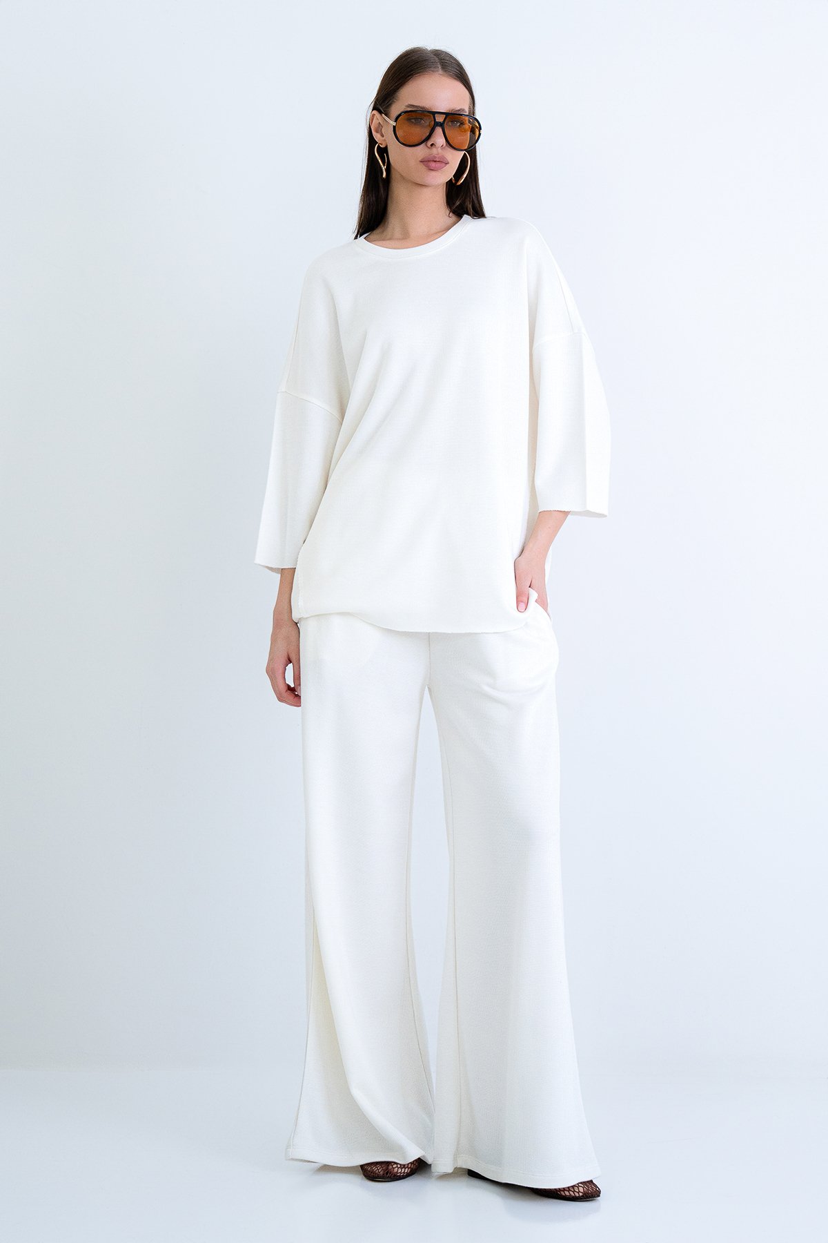 Kadın EKRU BİSİKLET YAKA TRUVAKAR KOL MODAL BLUZ VE ÇİFT CEPLİ PANTOLON TAKIM ALC-X15234