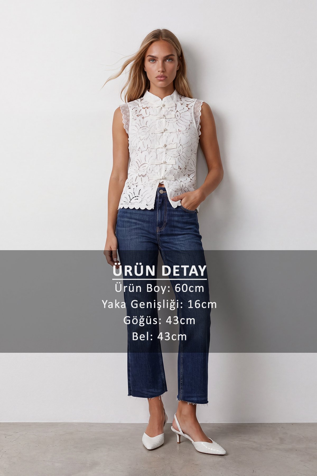 Kadın EKRU Dik Yaka Dantelli Bohem Yelek Bluz ALC-X15662