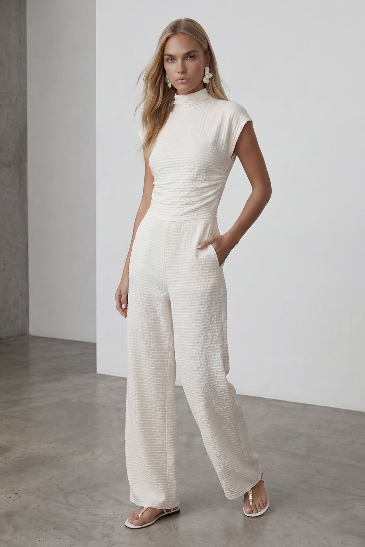 Kadın Ekru Dik Yaka Dokulu Yanları Drapeli Crop Bluz Ve Geniş Paça Pantolon Takım Alc-X13411