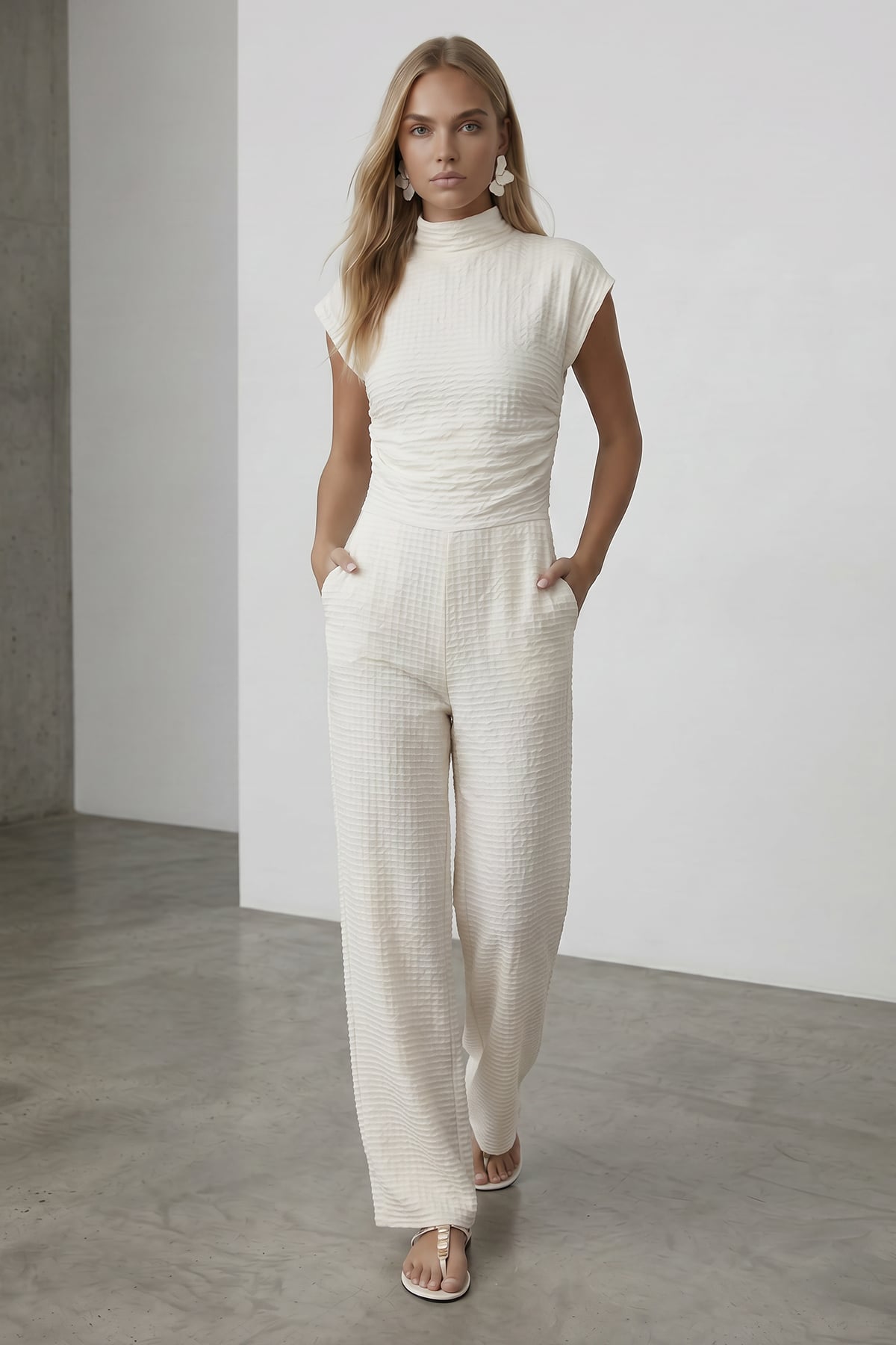 Kadın Ekru Dik Yaka Dokulu Yanları Drapeli Crop Bluz Ve Geniş Paça Pantolon Takım Alc-X13411