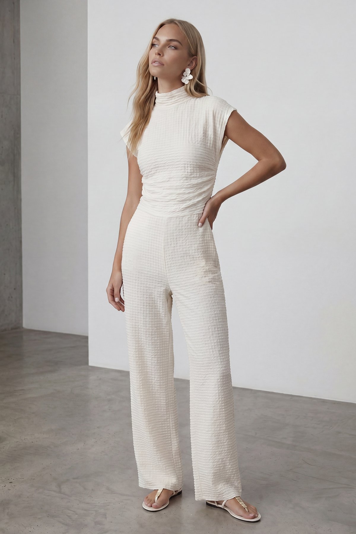 Kadın Ekru Dik Yaka Dokulu Yanları Drapeli Crop Bluz Ve Geniş Paça Pantolon Takım Alc-X13411