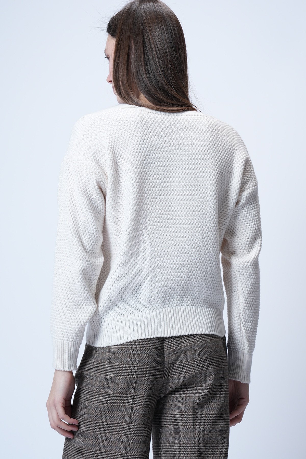 Kadın Ekru Gold Düğme Detaylı V Yaka Triko Hırka Alc-X14754