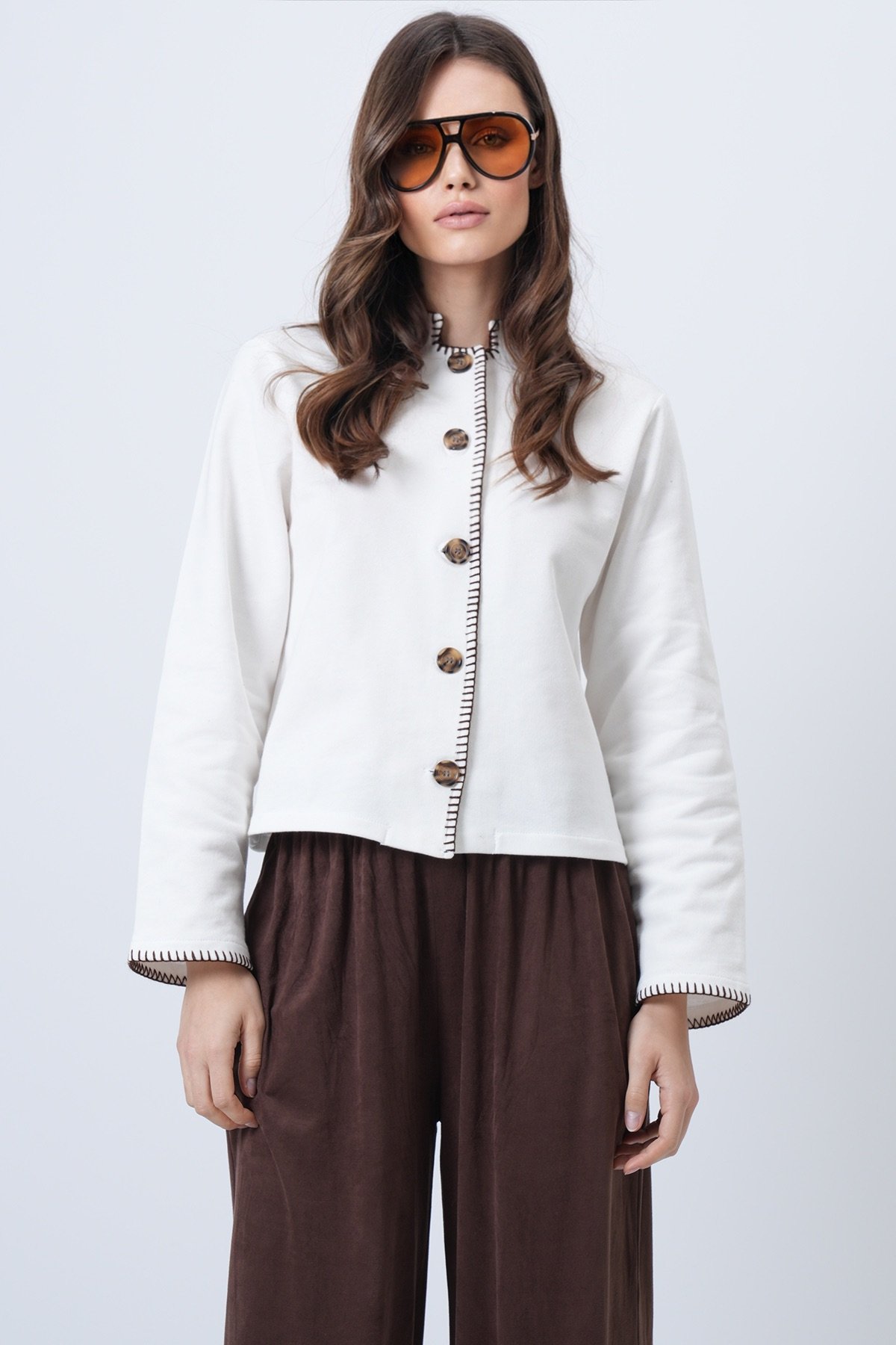 Kadın Ekru Hakim Yaka Çoban Dikişli Hırka Alc-X14726