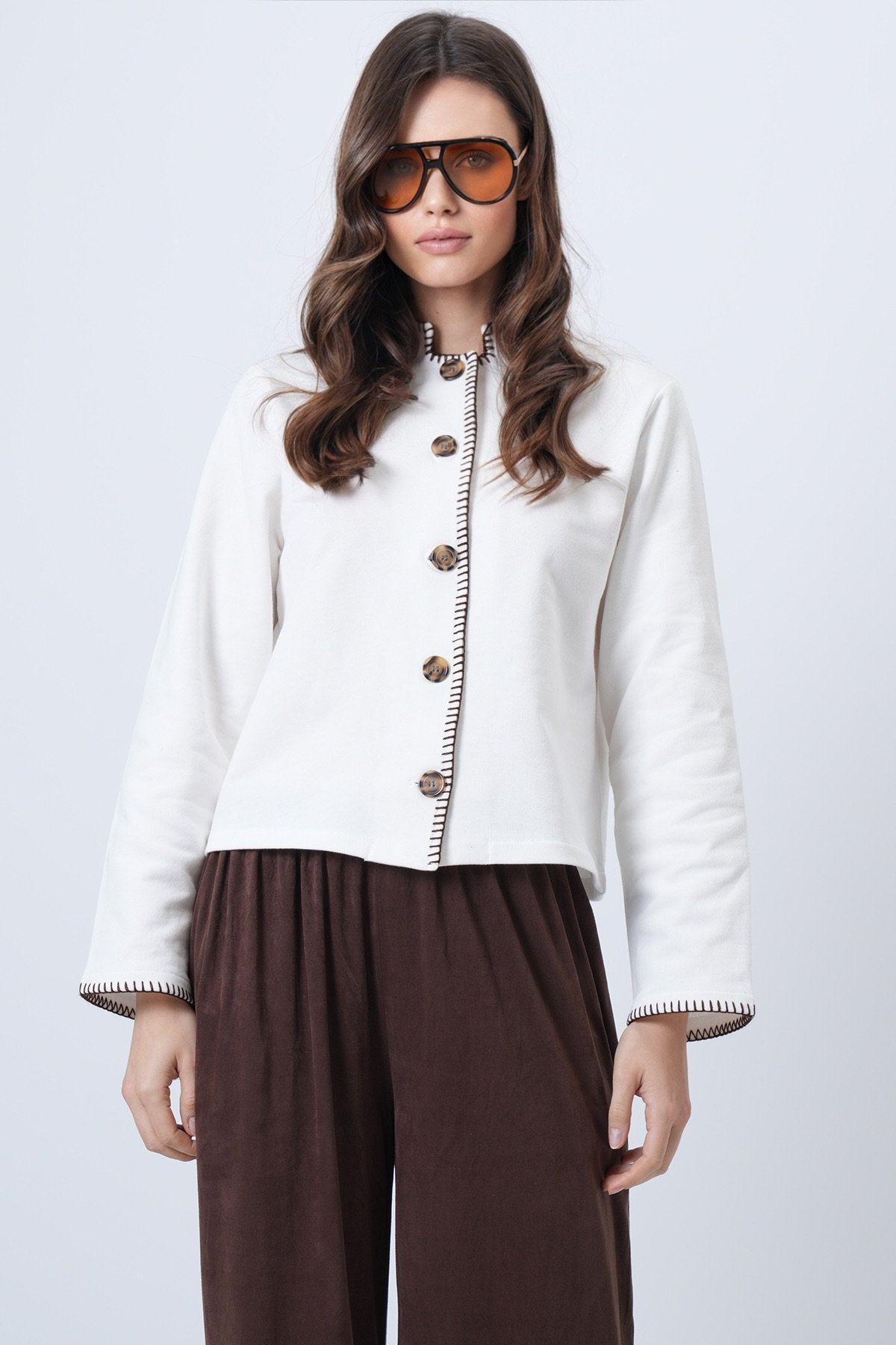 Kadın Ekru Hakim Yaka Çoban Dikişli Hırka Alc-X14726