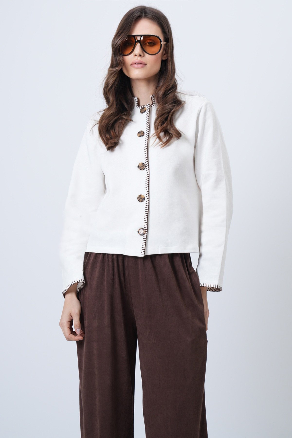 Kadın Ekru Hakim Yaka Çoban Dikişli Hırka Alc-X14726