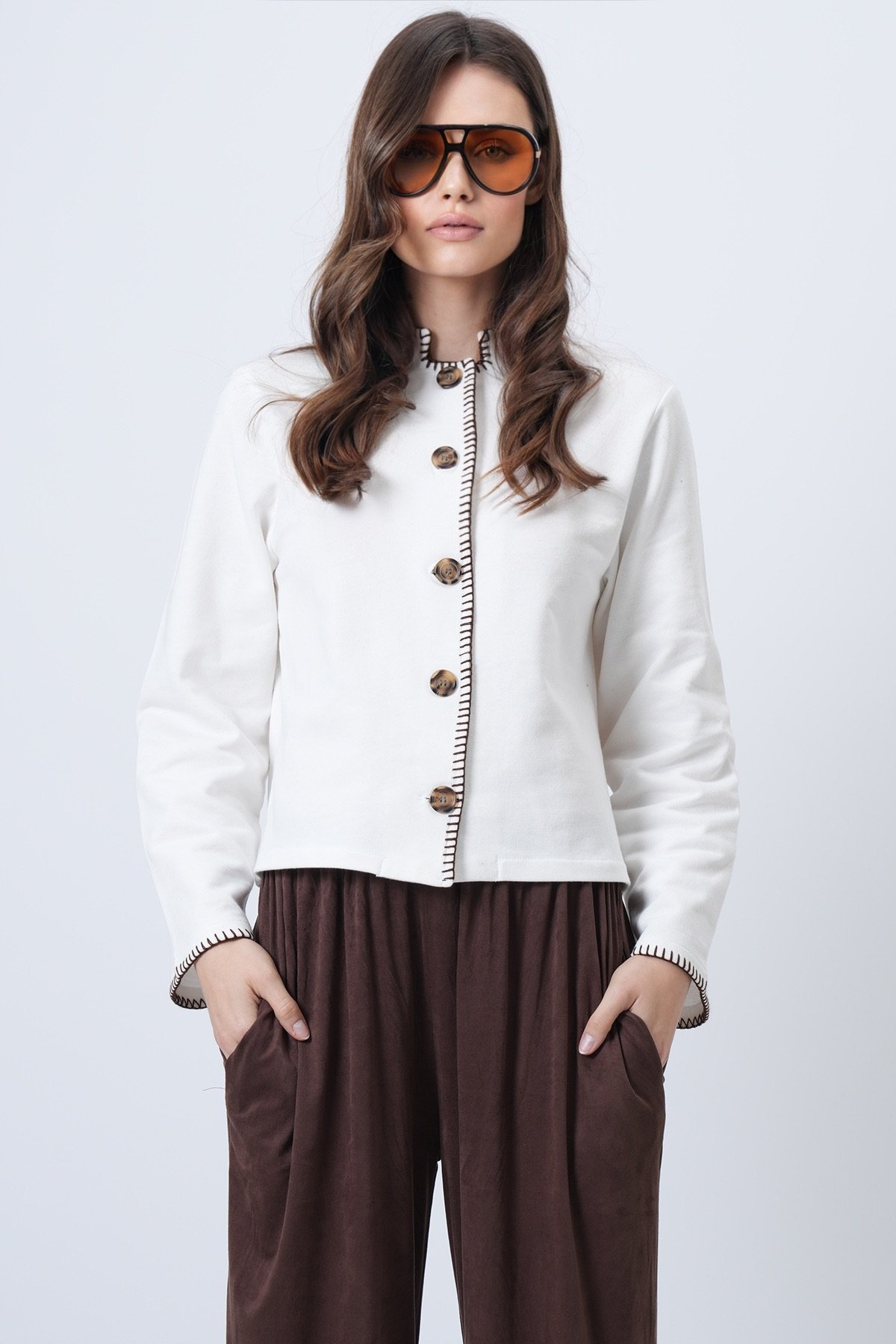 Kadın Ekru Hakim Yaka Çoban Dikişli Hırka Alc-X14726