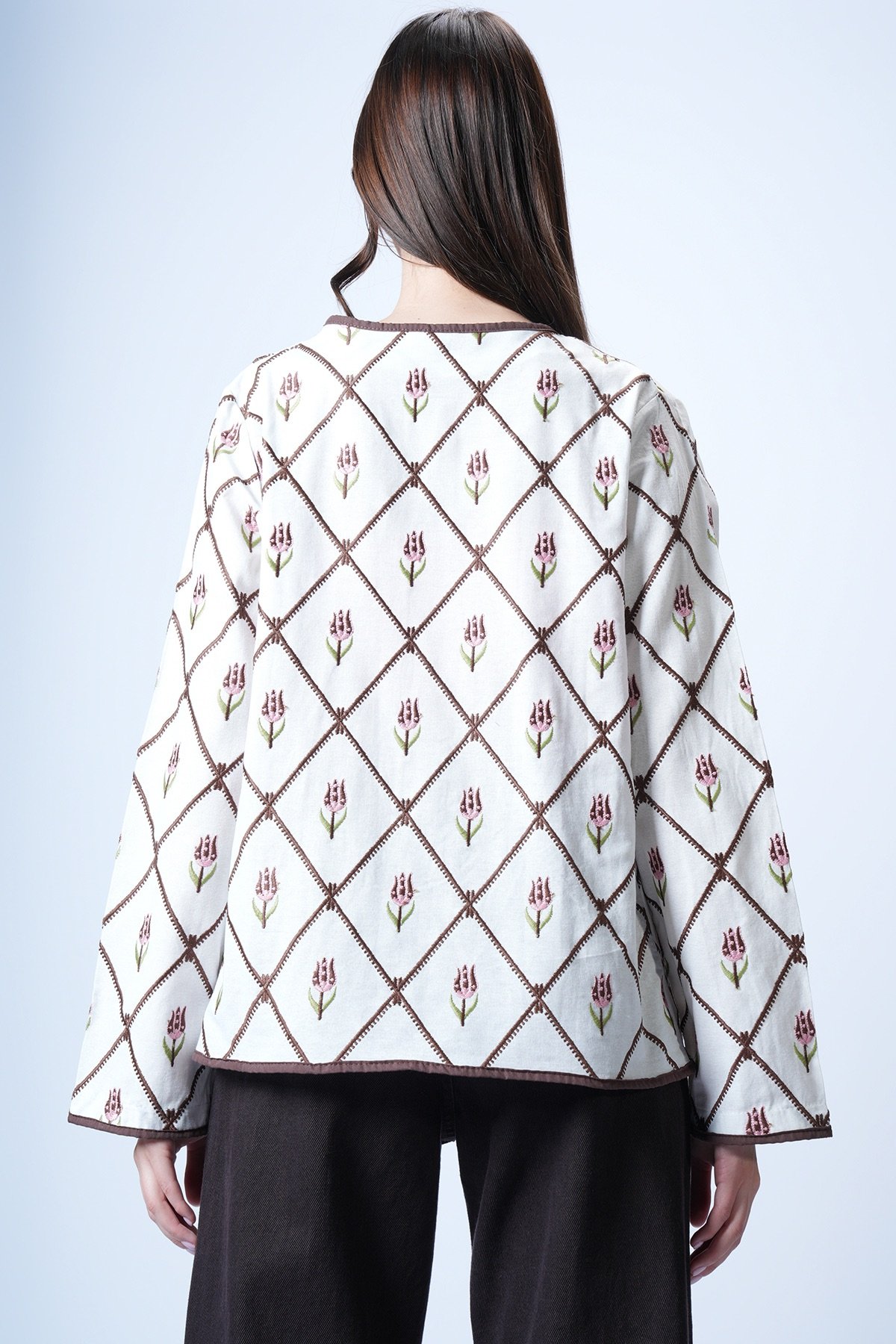 Kadın Ekru Kahve Çiçek Desenli Biyeli Dokuma Ceket Alc-X14934