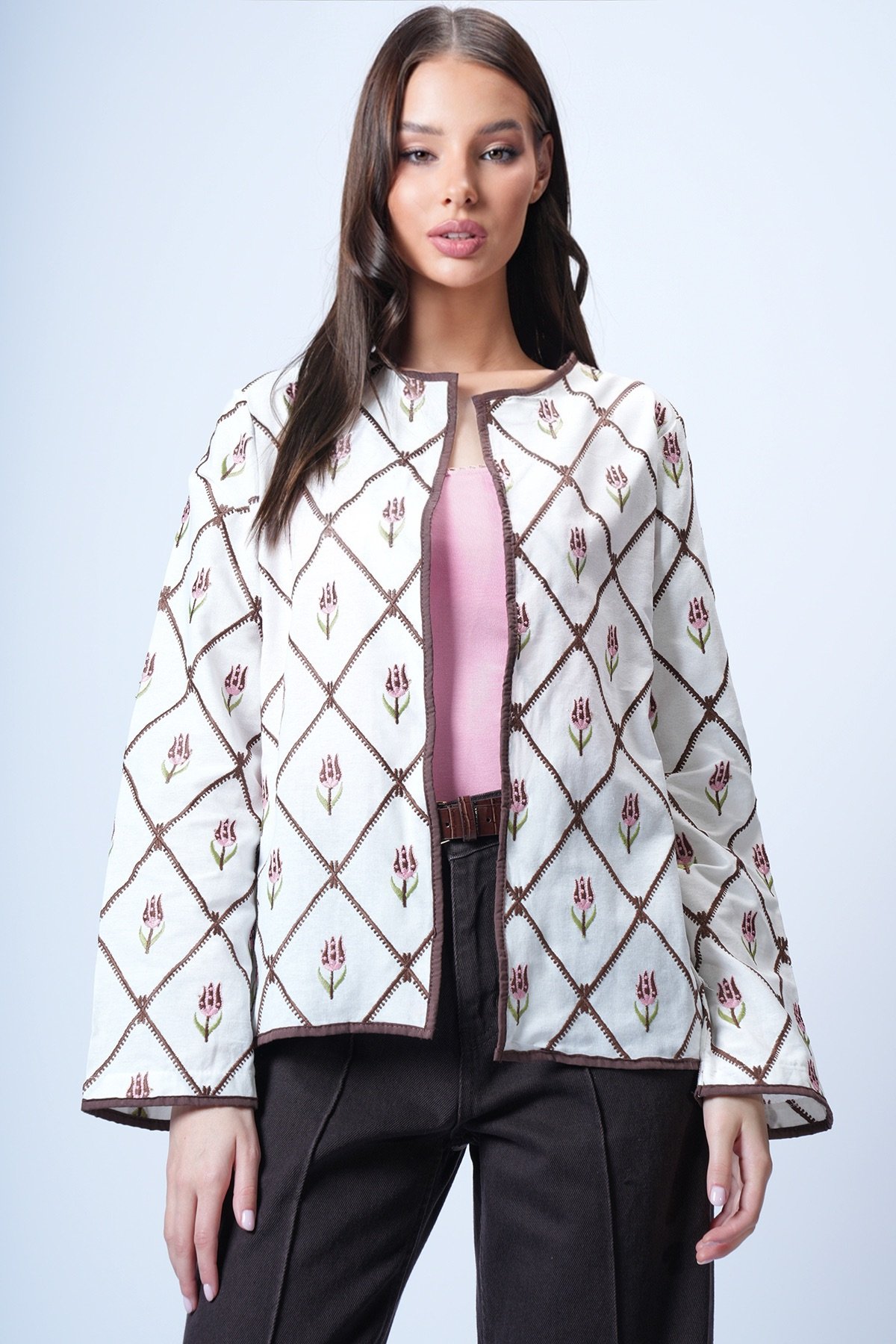 Kadın Ekru Kahve Çiçek Desenli Biyeli Dokuma Ceket Alc-X14934