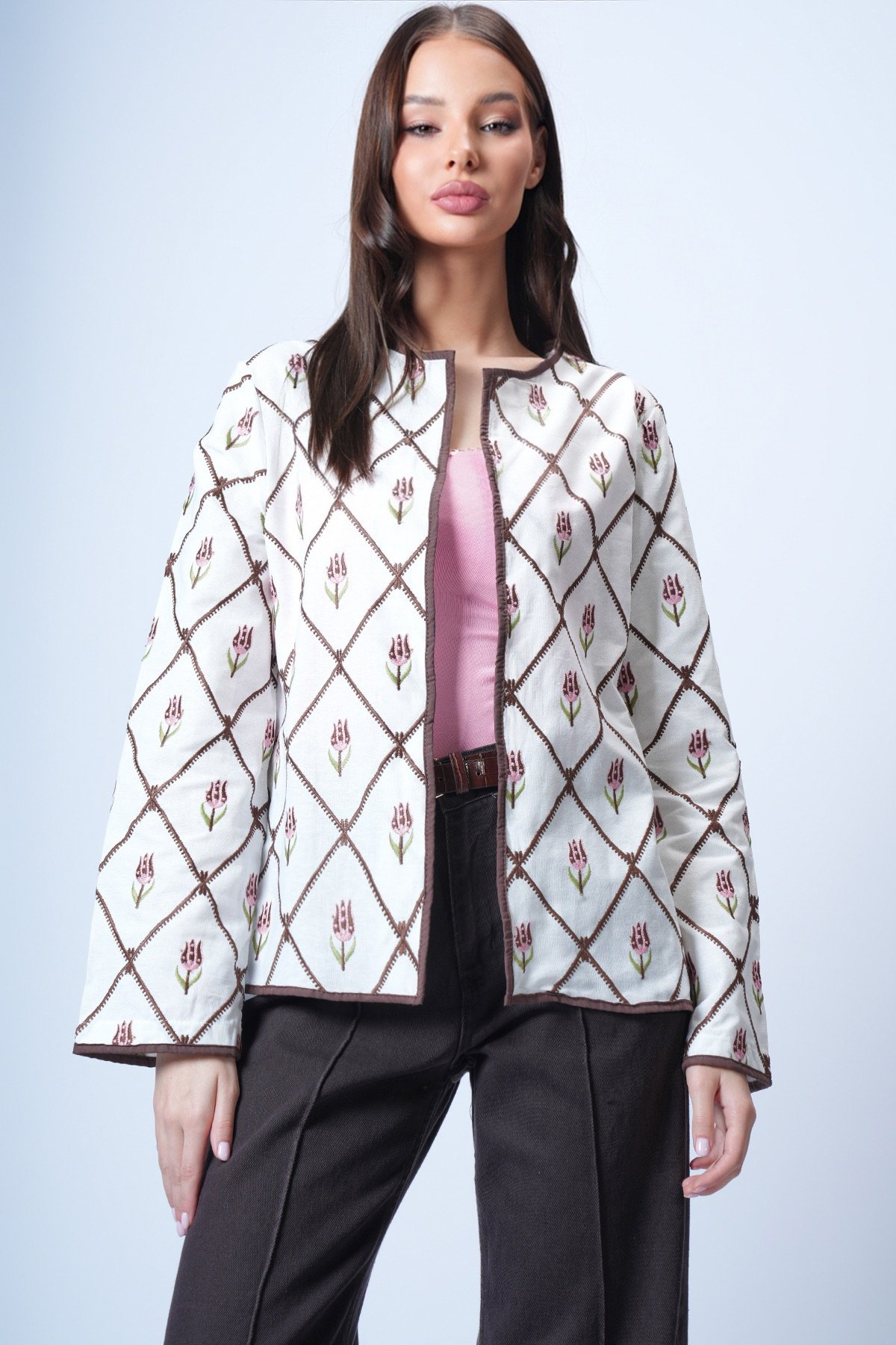 Kadın Ekru Kahve Çiçek Desenli Biyeli Dokuma Ceket Alc-X14934