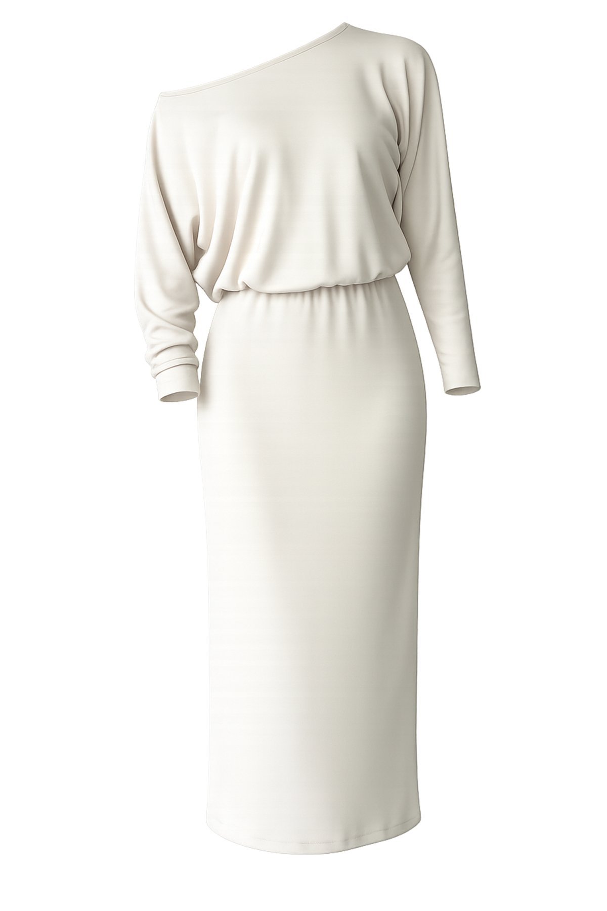 Kadın Ekru Kayık Yaka Beli Lastikli Midi Boy Elbise Alc-X15226