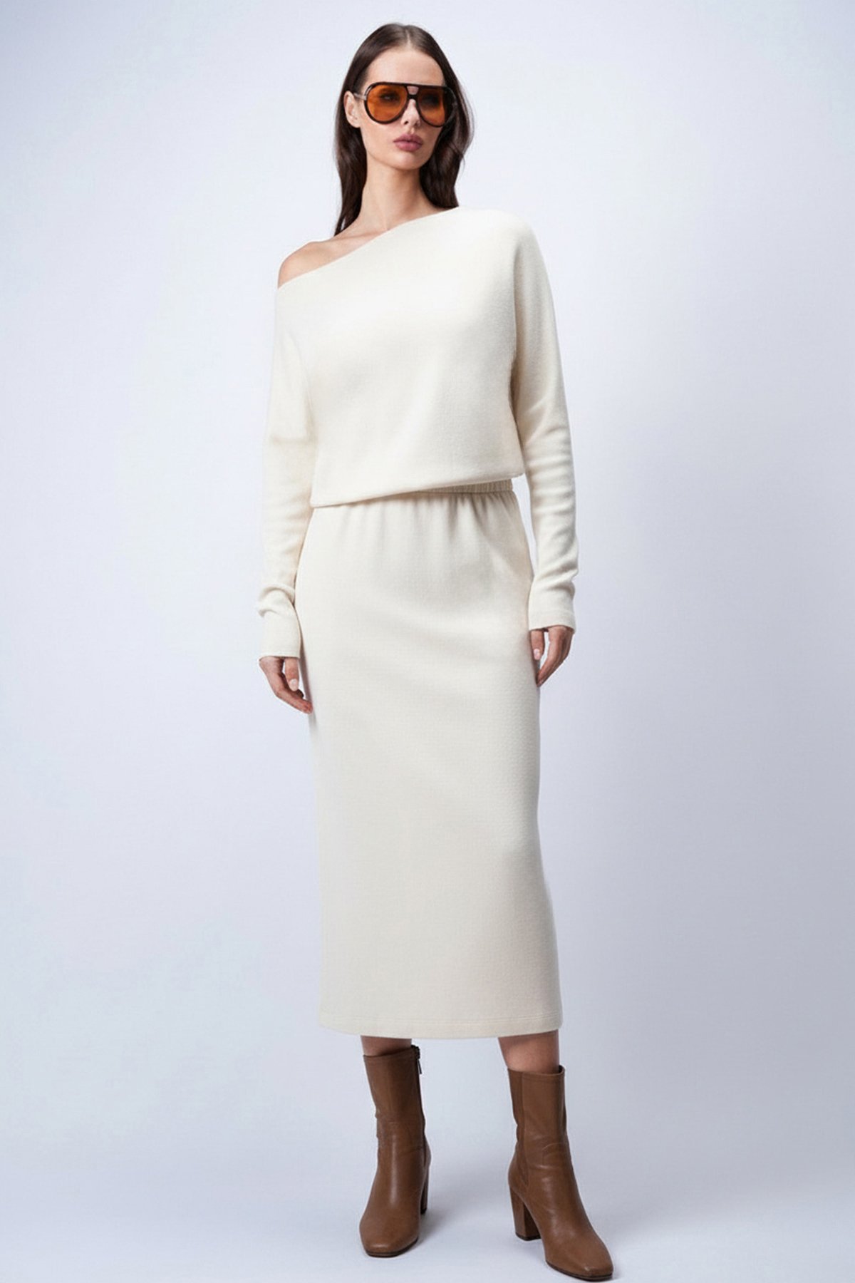 Kadın Ekru Kayık Yaka Beli Lastikli Midi Boy Elbise Alc-X15226