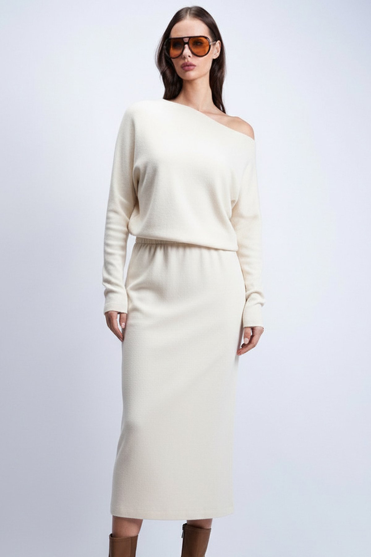 Kadın Ekru Kayık Yaka Beli Lastikli Midi Boy Elbise Alc-X15226