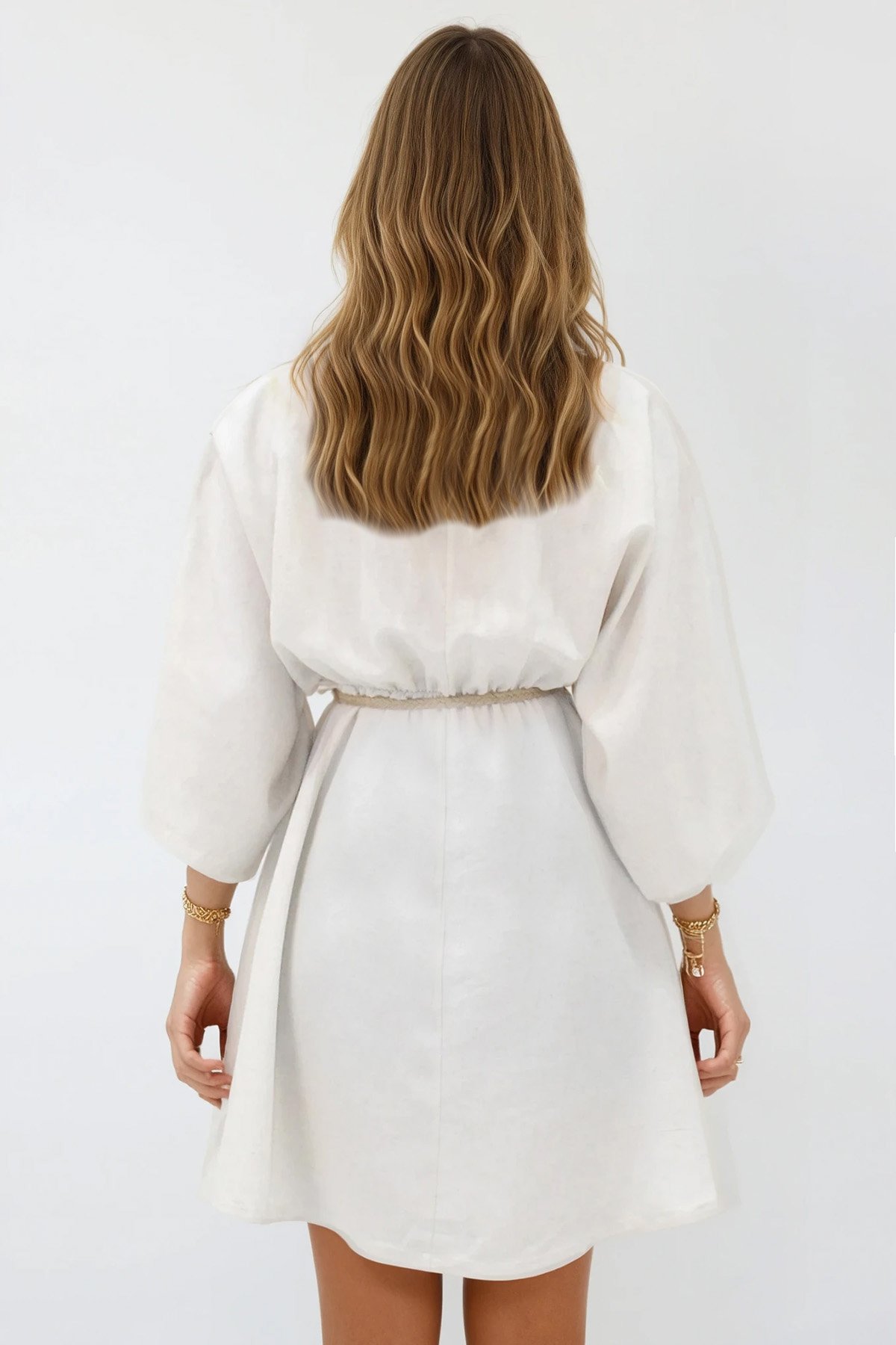 Kadın Ekru Kruvaze Yaka Beli Büzgülü Keten Elbise ALC-X13746