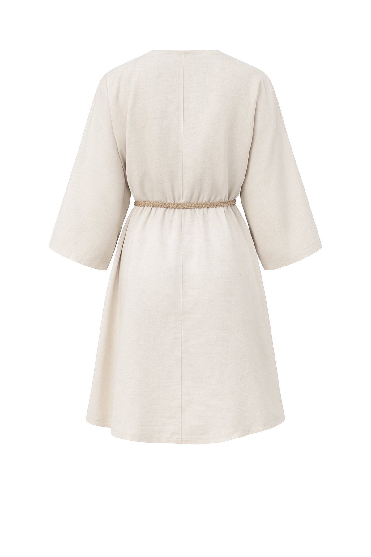 Kadın Ekru Kruvaze Yaka Beli Büzgülü Keten Elbise ALC-X13746