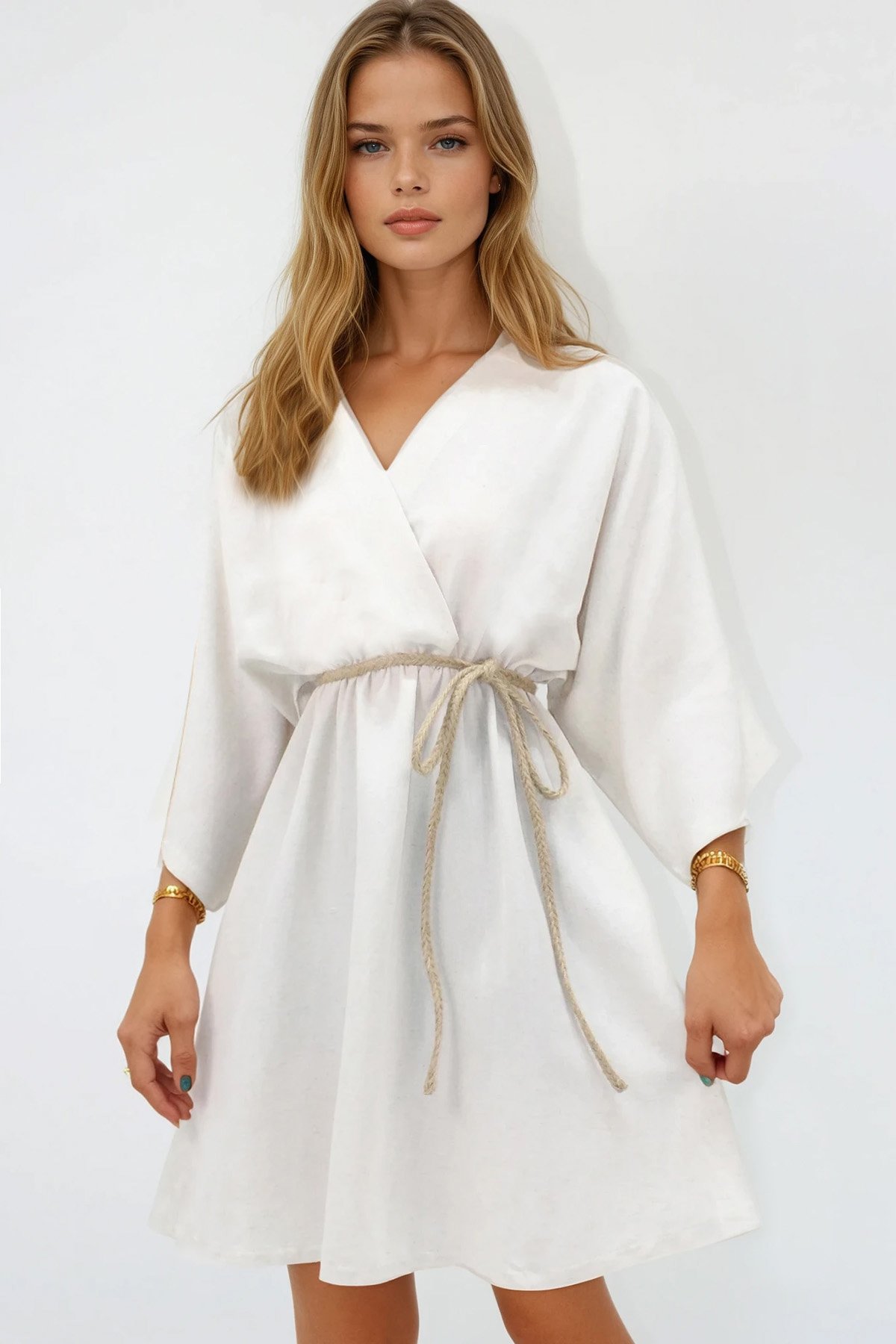 Kadın Ekru Kruvaze Yaka Beli Büzgülü Keten Elbise ALC-X13746