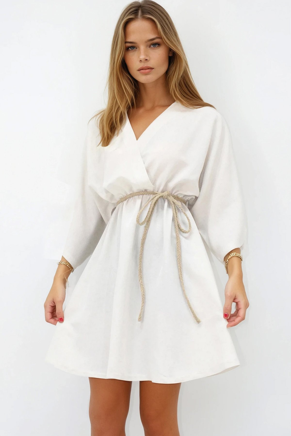 Kadın Ekru Kruvaze Yaka Beli Büzgülü Keten Elbise ALC-X13746