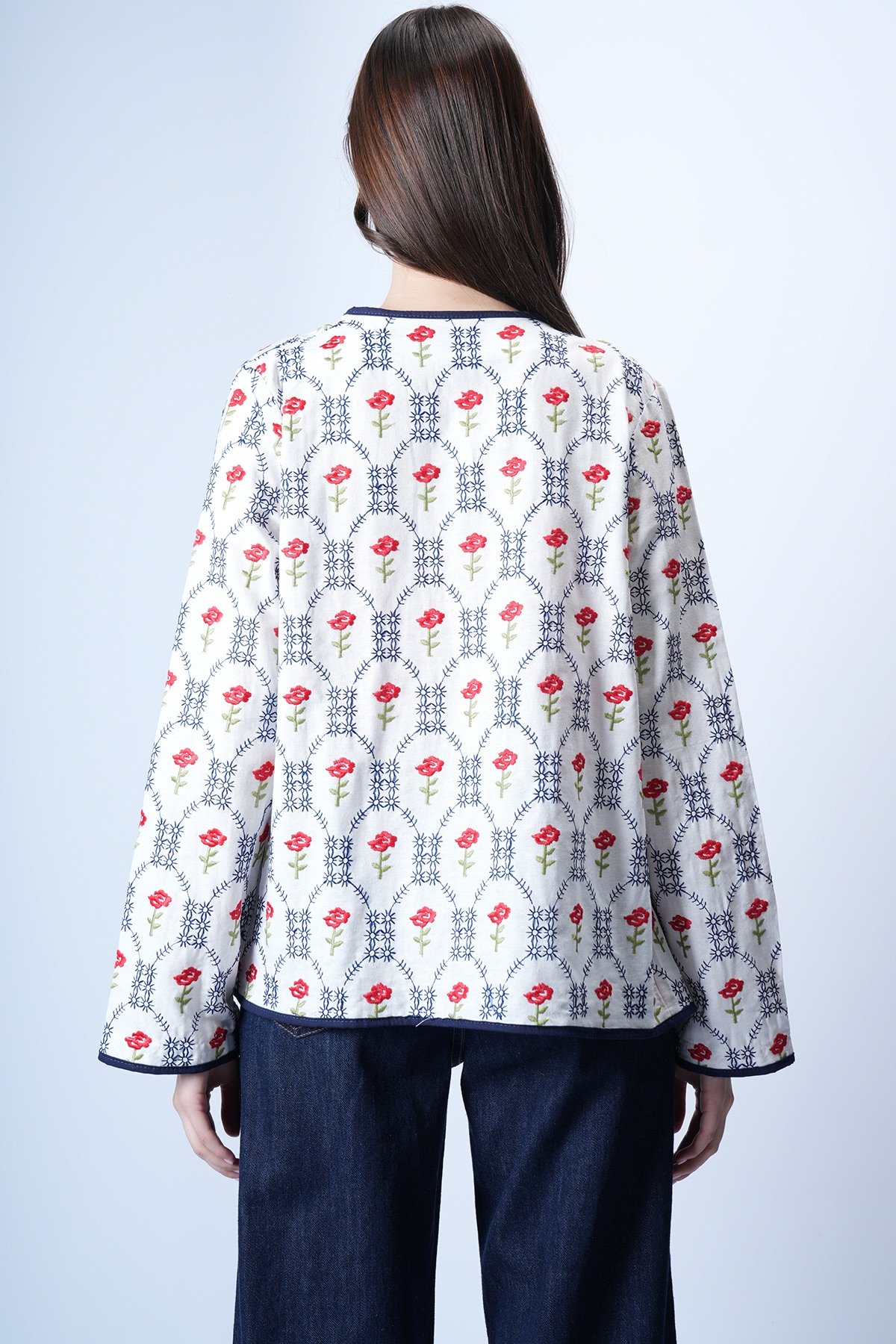 Kadın Ekru-Lacivert Çiçek Desenli Biyeli Dokuma Ceket Alc-X14934