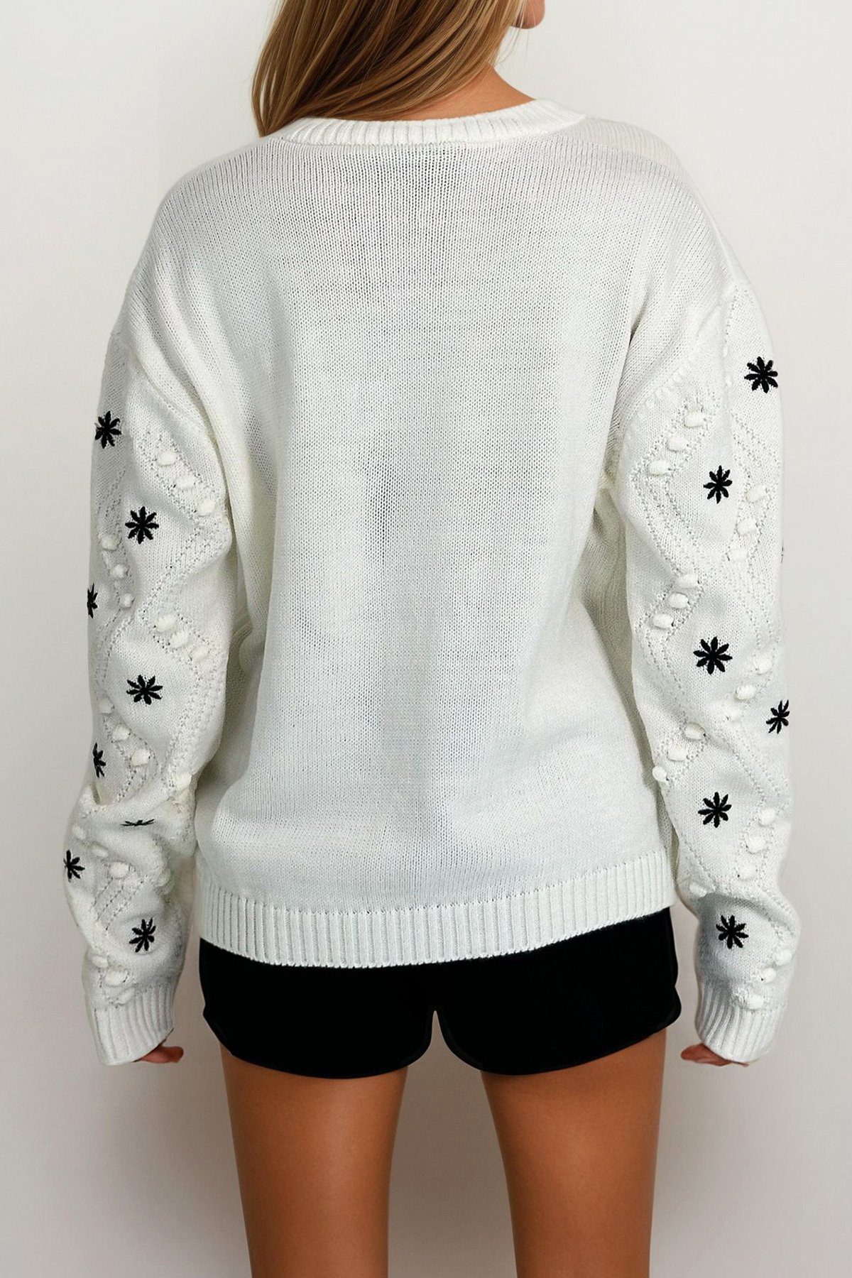 Kadın EKRU Nakışlı Triko Kazak PRM1176