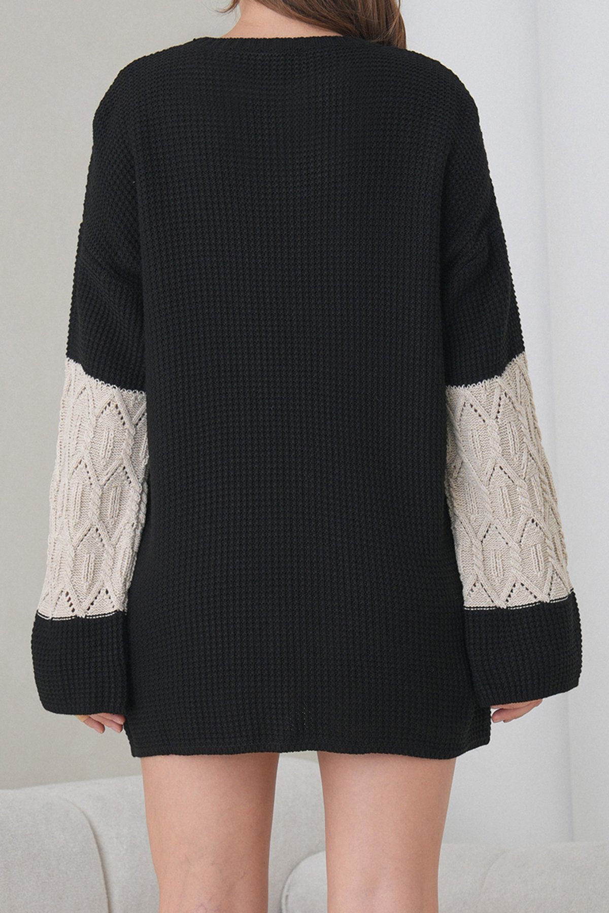 Kadın Ekru Siyah Bisiklet Yaka Desenli Mini Triko Elbise Alc-X14907