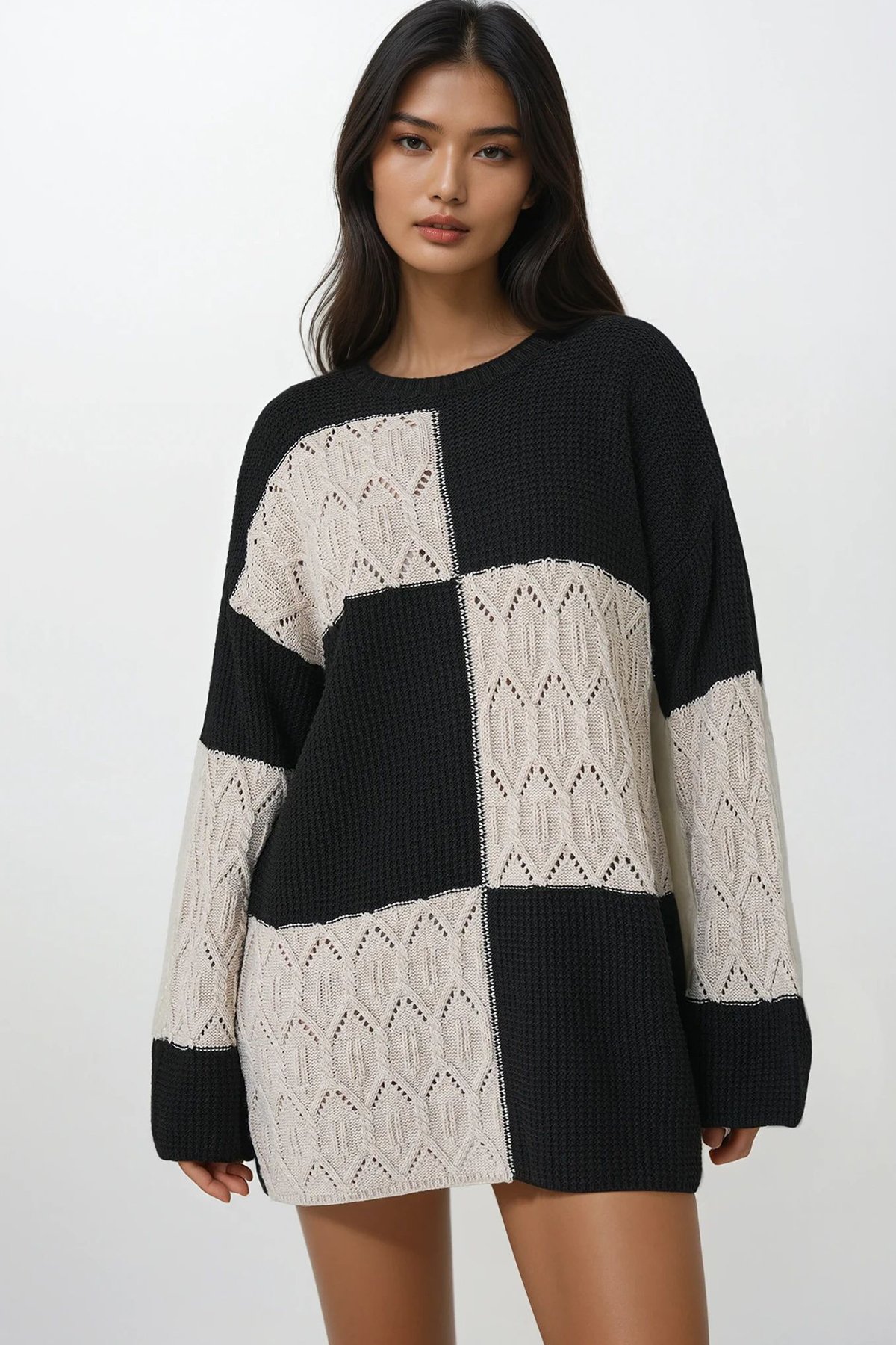 Kadın Ekru Siyah Bisiklet Yaka Desenli Mini Triko Elbise Alc-X14907