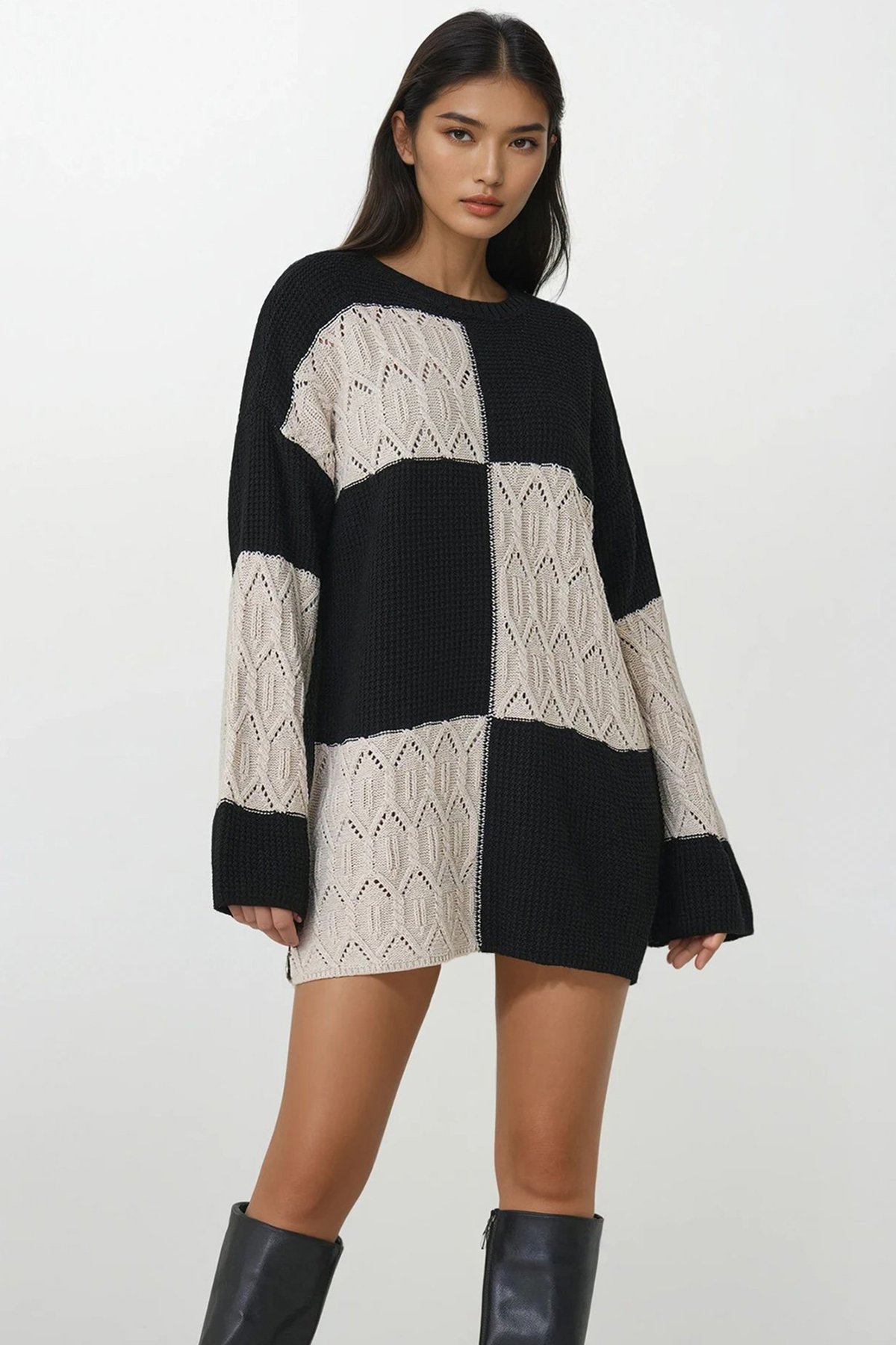 Kadın Ekru Siyah Bisiklet Yaka Desenli Mini Triko Elbise Alc-X14907