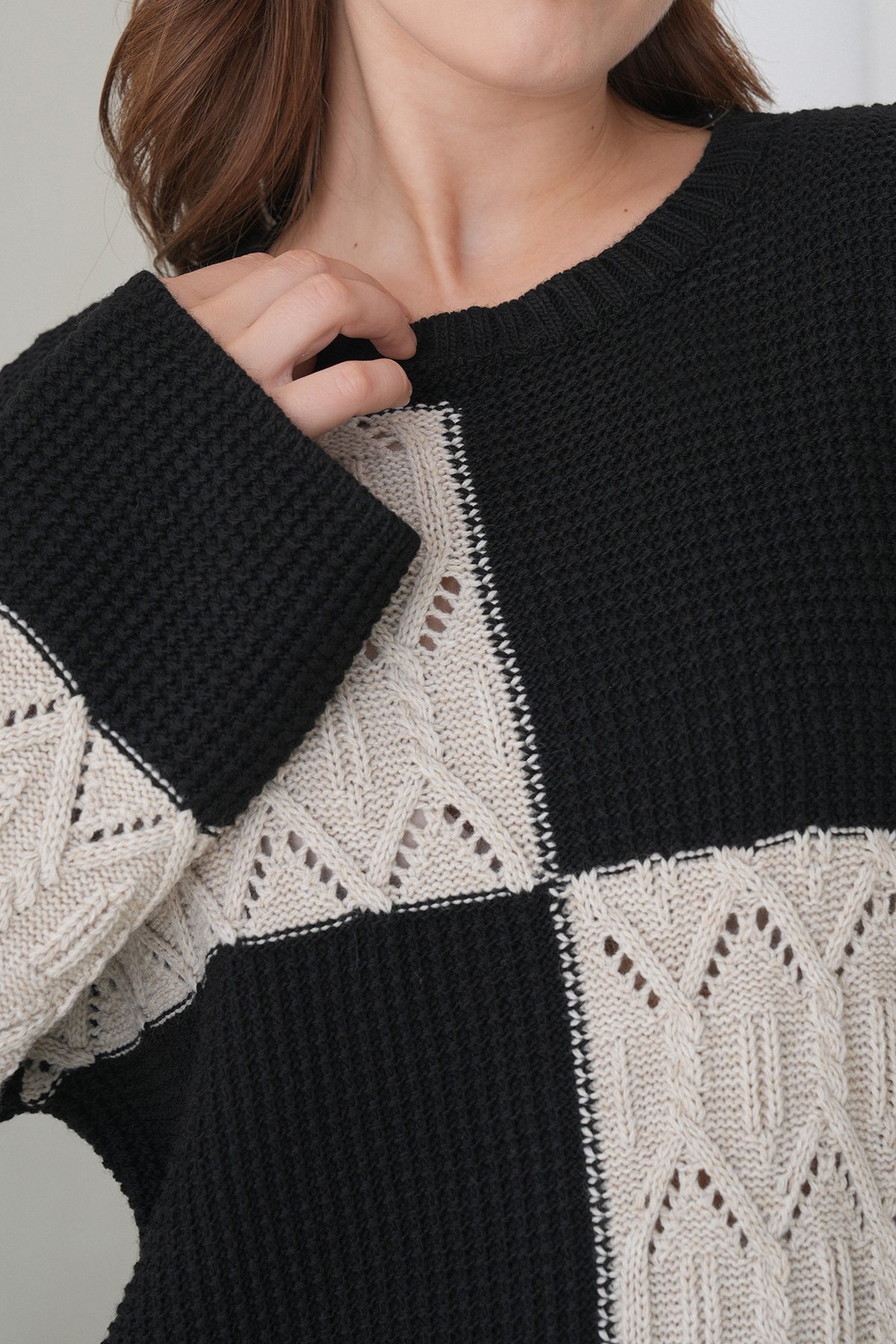 Kadın Ekru Siyah Bisiklet Yaka Desenli Mini Triko Elbise Alc-X14907