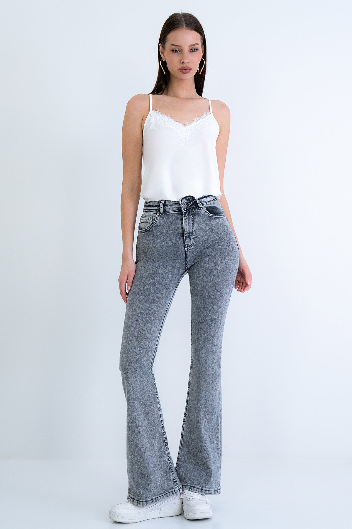Kadın GRİ 5 Cepli Full Likra İspanyol Paça Jean VS00709