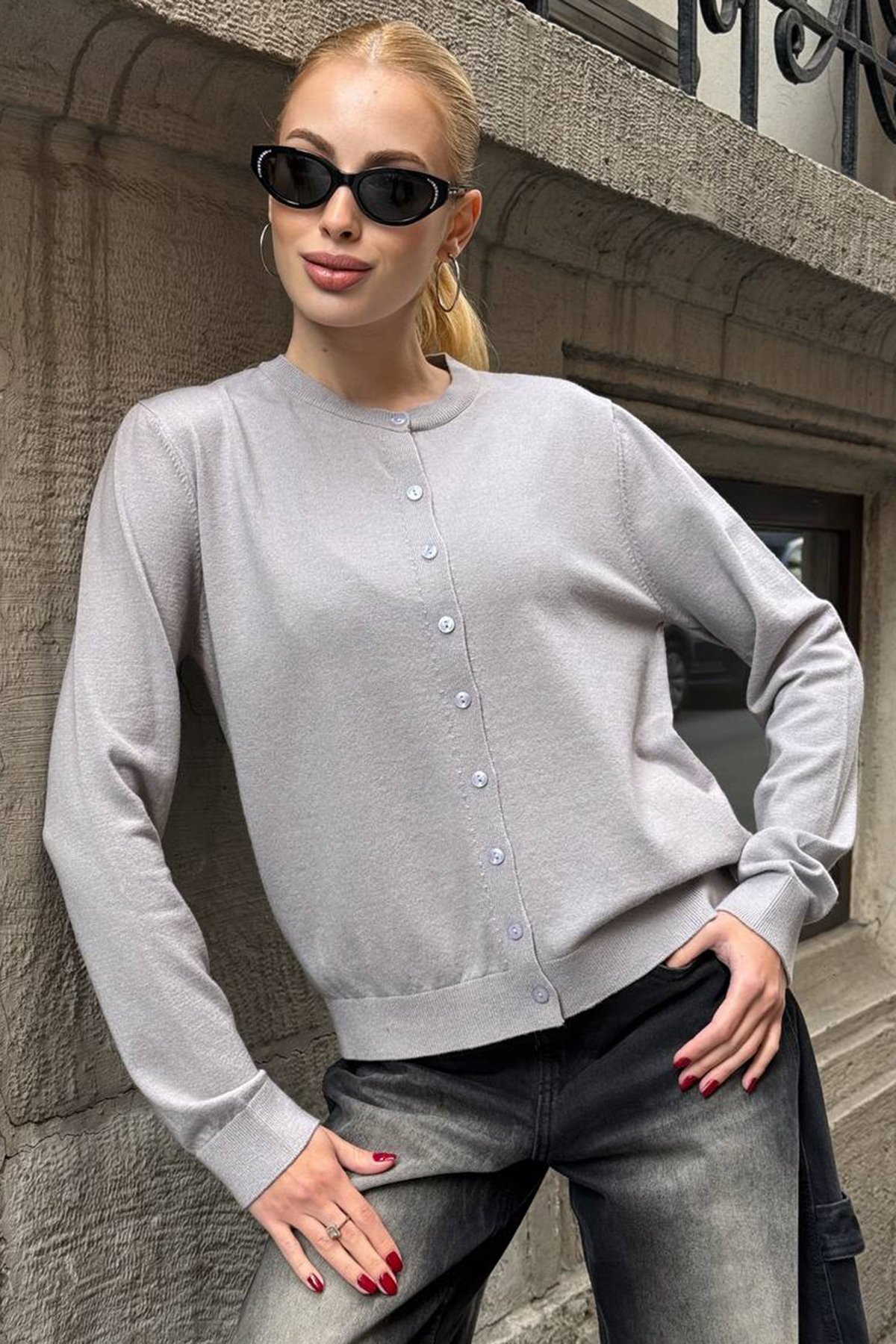 Kadın GRİ Bisiklet Yaka Düğmeli Triko Hırka VS01640