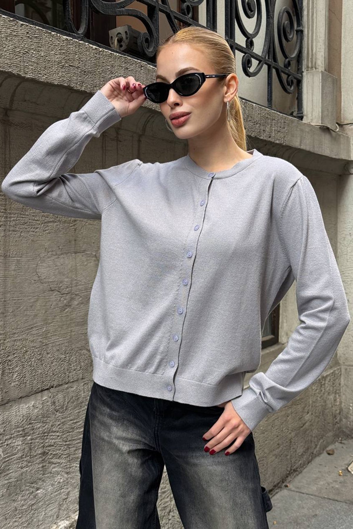 Kadın GRİ Bisiklet Yaka Düğmeli Triko Hırka VS01640