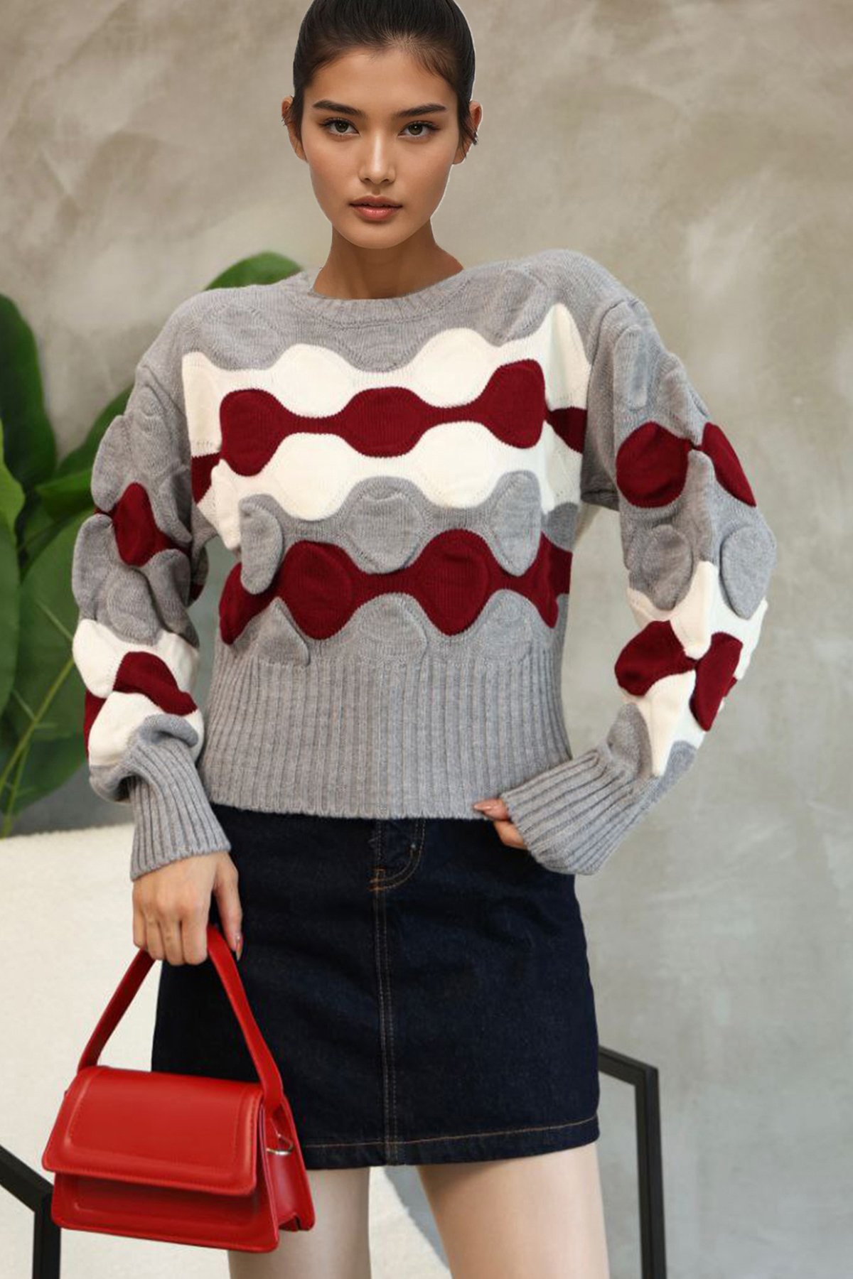 Kadın Gri Bisiklet Yaka Kabartma Desenli Triko Kazak Alc-X14744