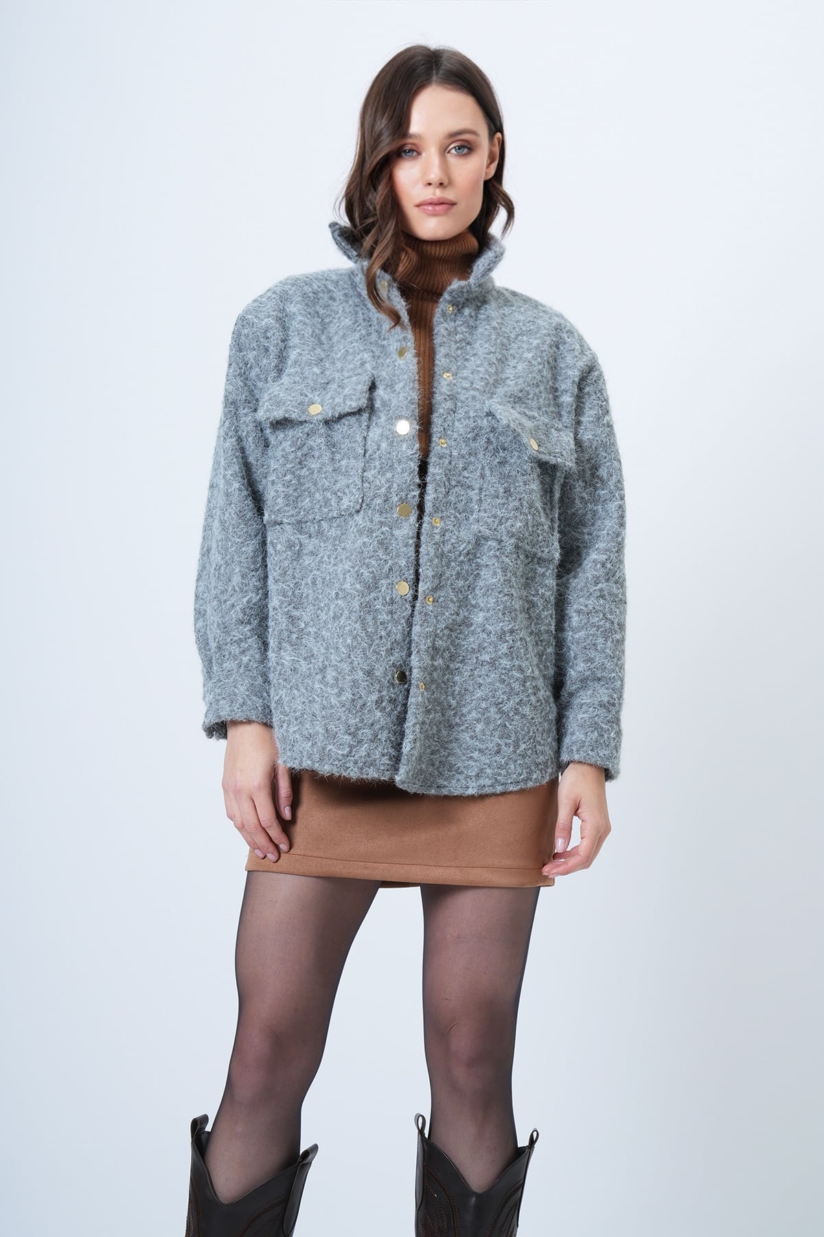 Kadın GRİ Buklet Dokulu Oversize Gömlek Ceket VS01506