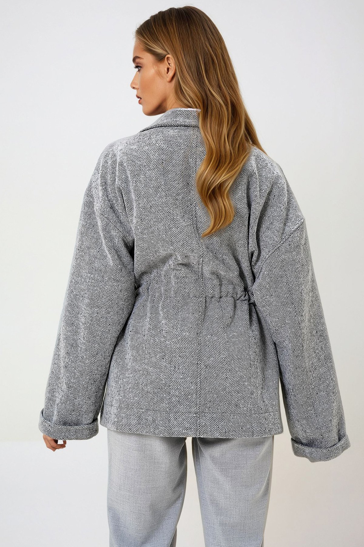 Kadın GRİ Ceket Yaka Beli Büzgülü Bağlamalı Astarsız Kaşe Kaban PRM1326