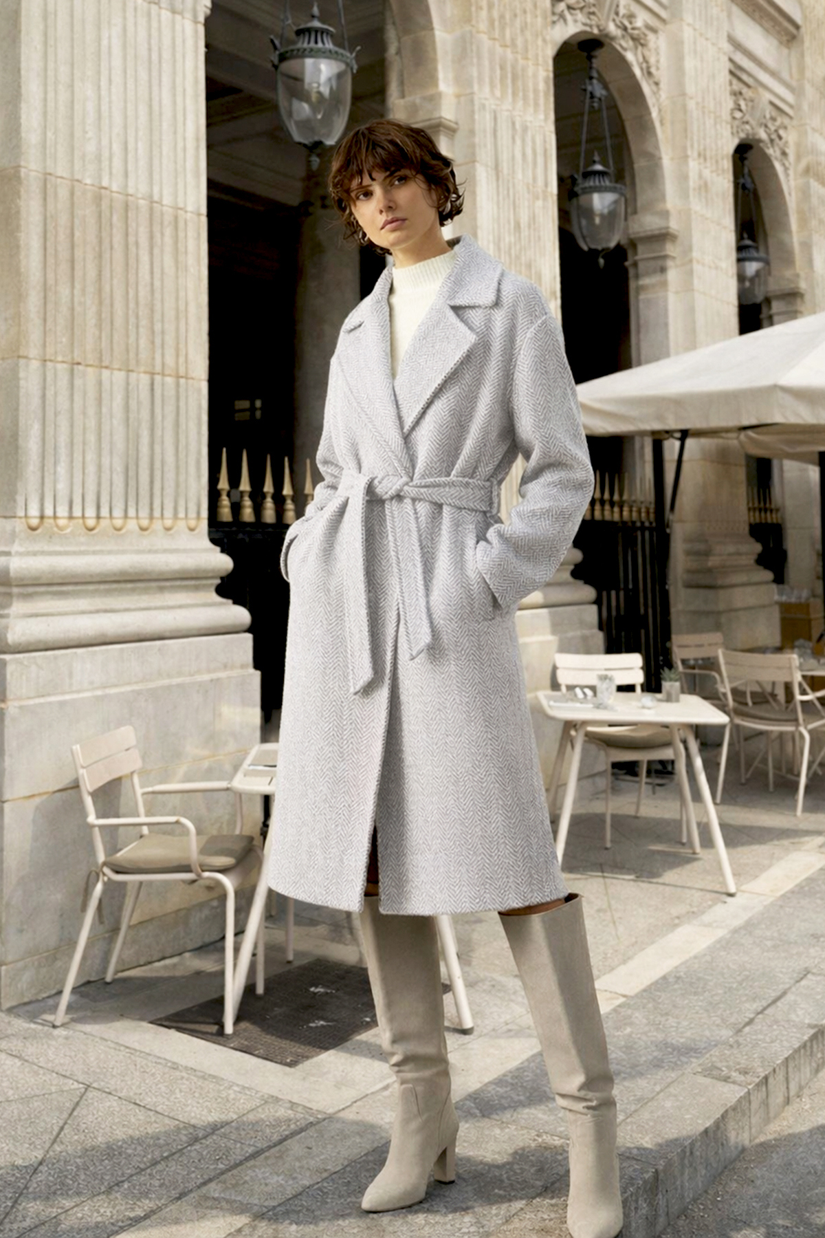 Kadın Gri Kruvaze Beli Kemerli Balık Sırtı Desenli Kaşe Palto ALC-X10824