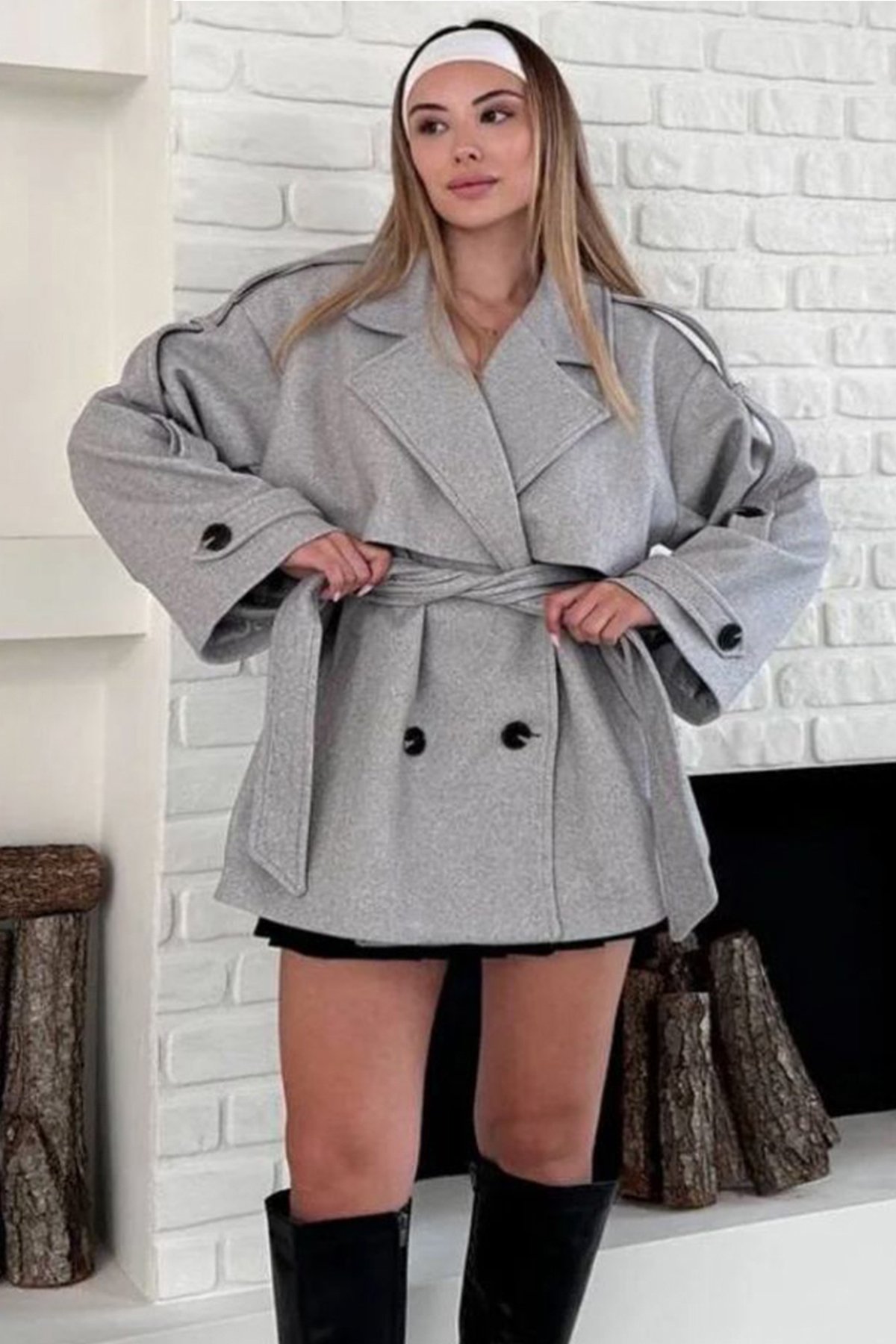 Kadın GRİ Kruvaze Yaka Kuşak Bağlamalı Kaşe Kaban VS01647