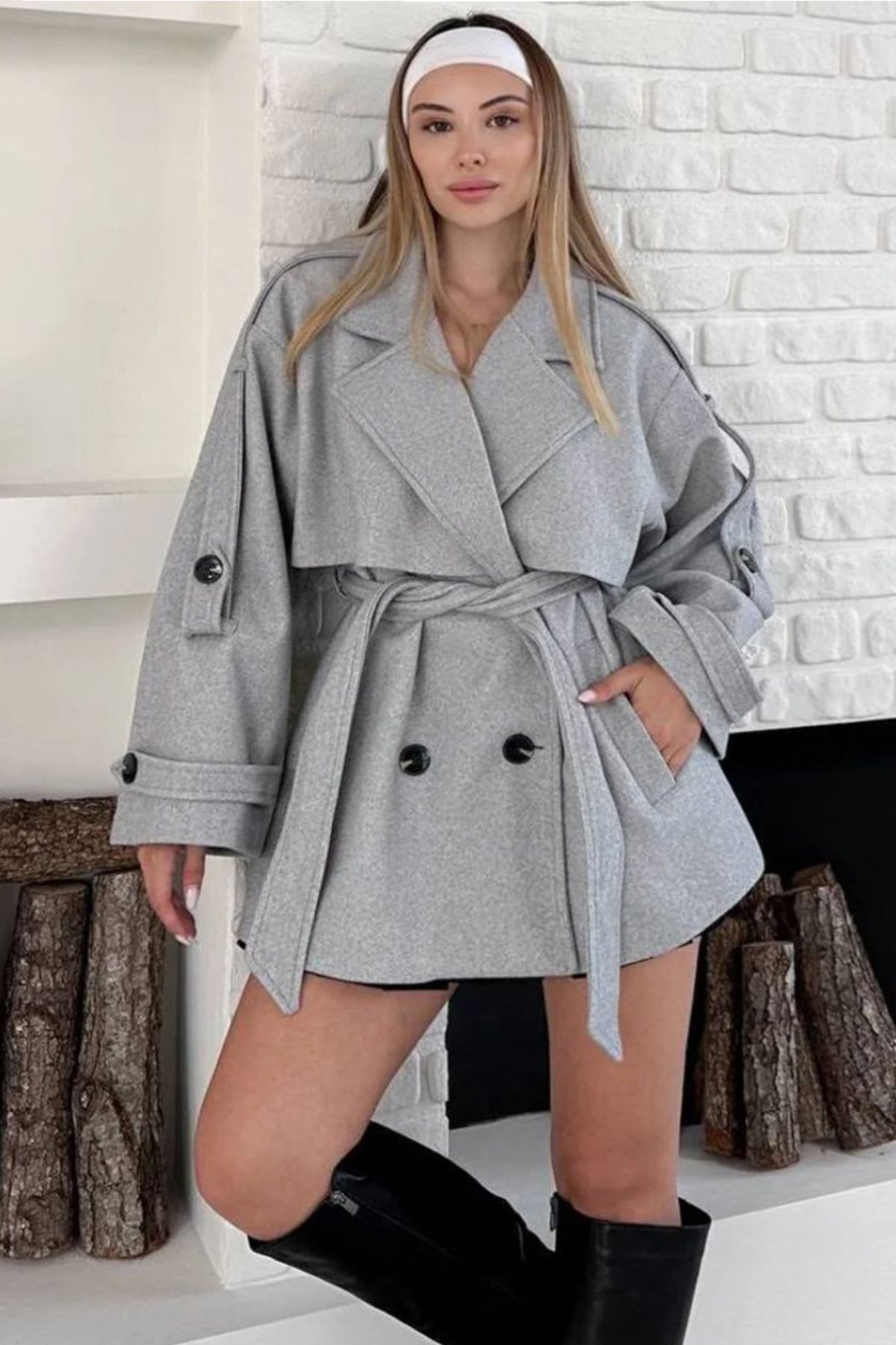 Kadın GRİ Kruvaze Yaka Kuşak Bağlamalı Kaşe Kaban VS01647