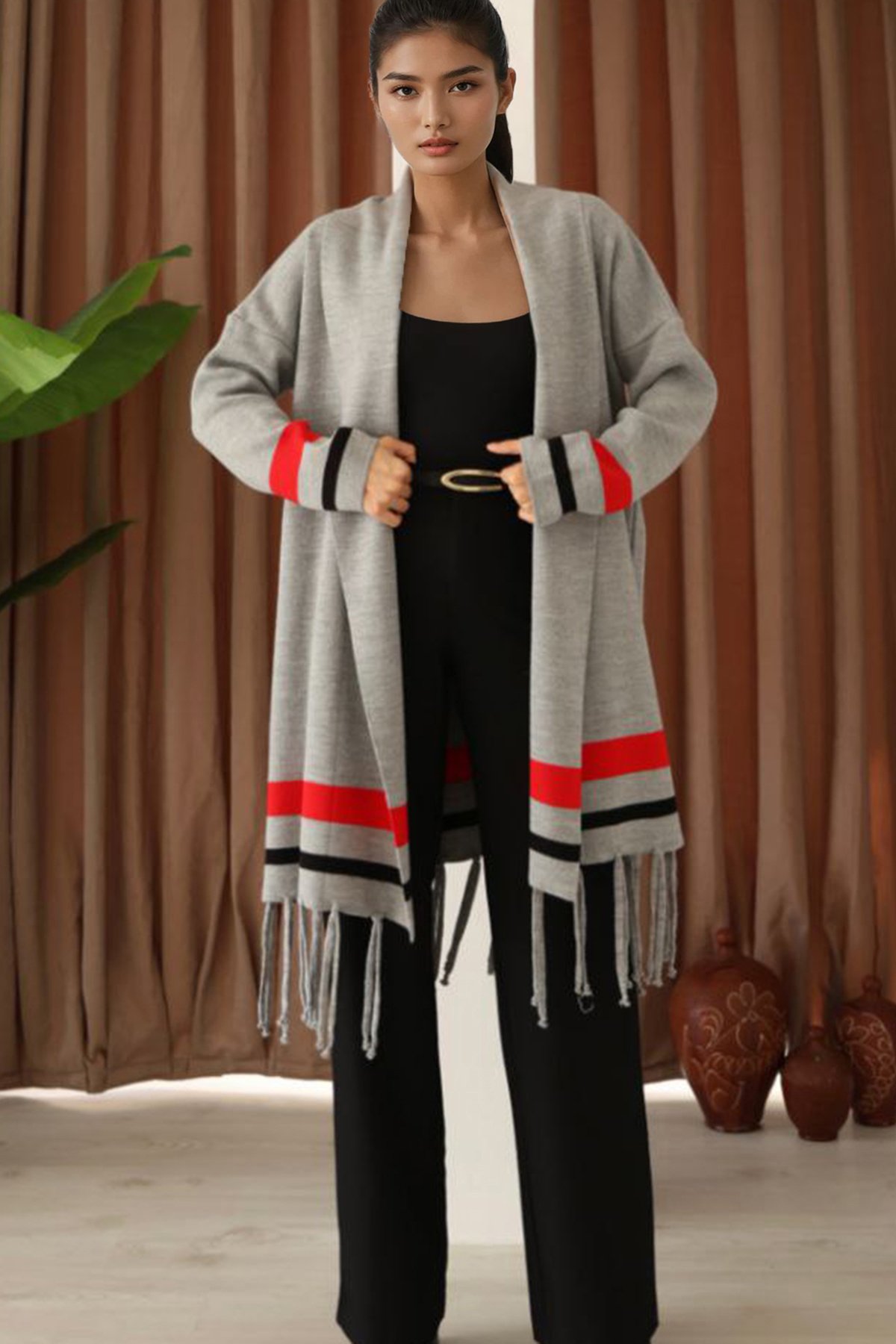 Kadın Gri Şerit Detaylı Püsküllü Uzun Hırka Alc-X14745