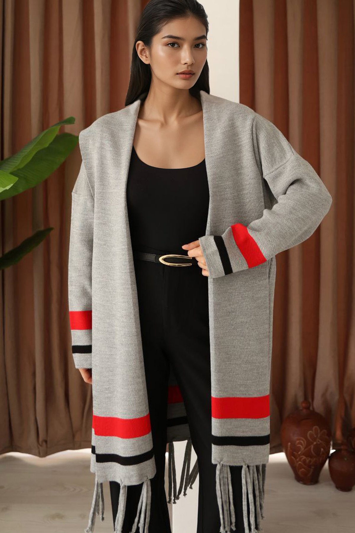 Kadın Gri Şerit Detaylı Püsküllü Uzun Hırka Alc-X14745